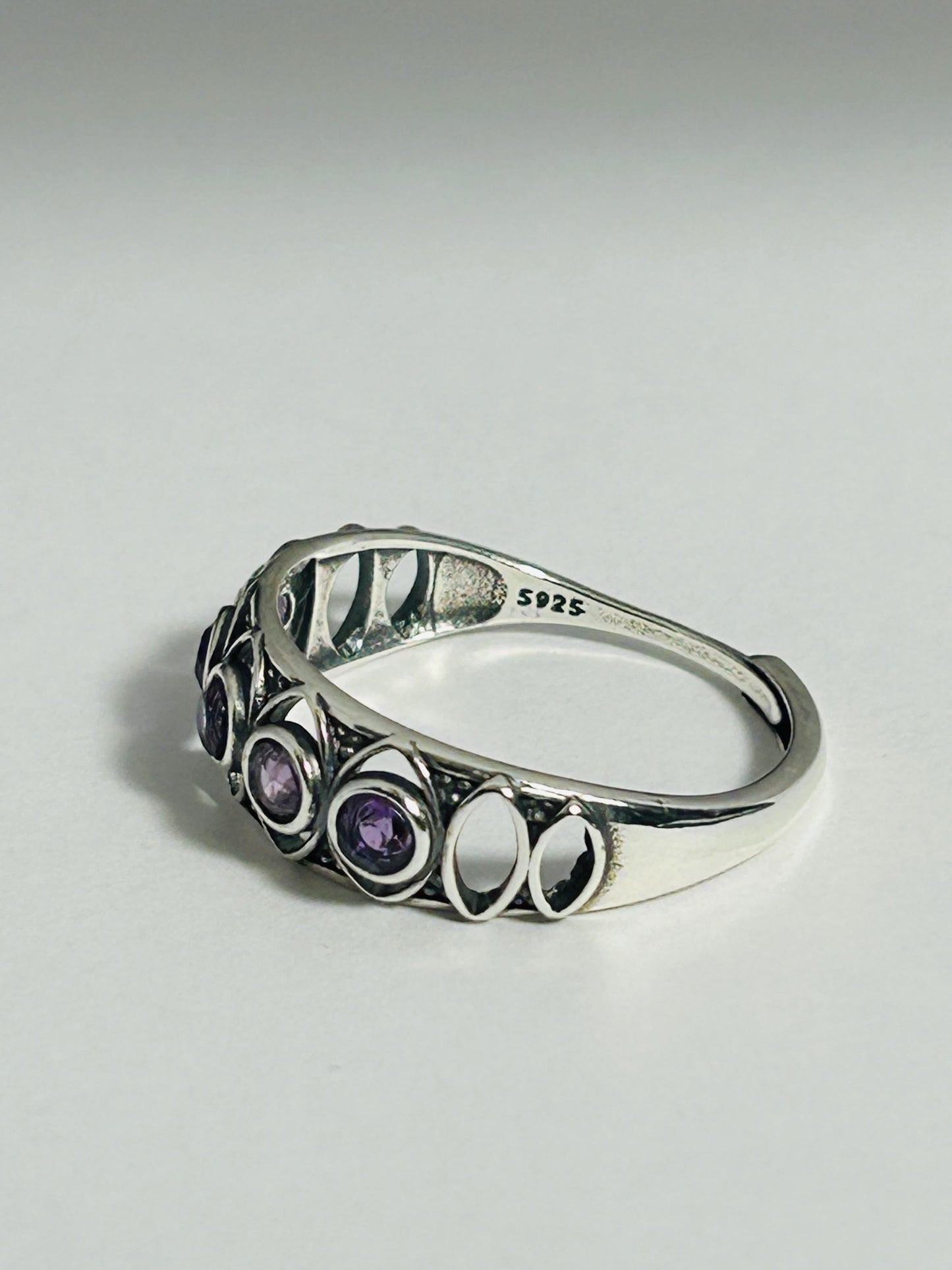 Amethyst Ring with Cut Out Design • 925 Sterling Silver • Adjustable • Gift box