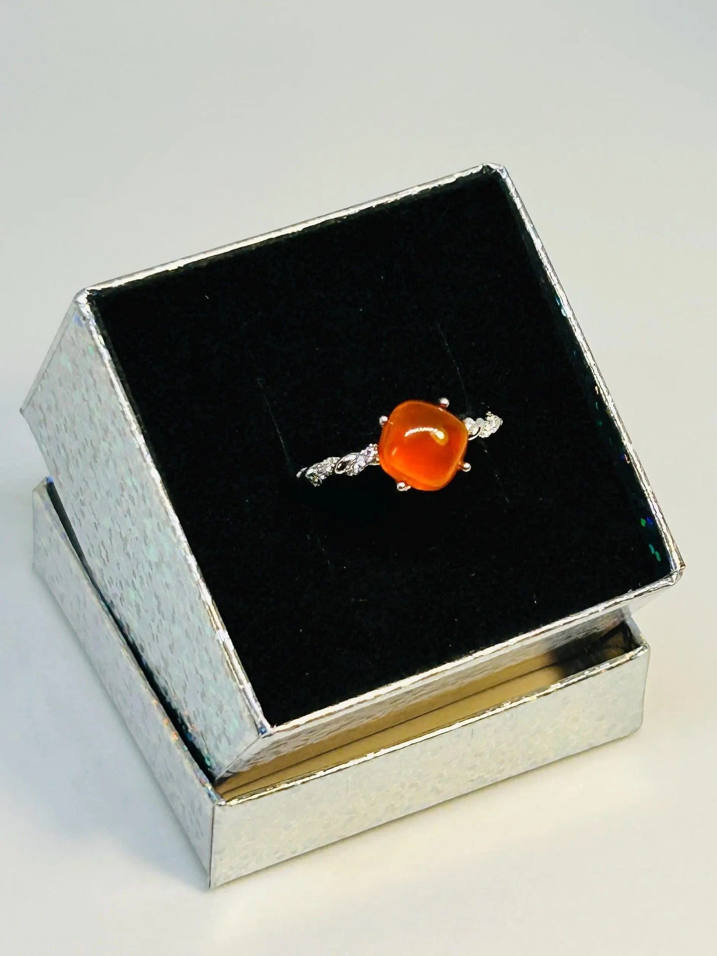 Dainty Stacking Ring with Orange Agate & CZ Accents • 925 Sterling Silver • Adjustable • Gift Box Celtic Dragon Jewellery