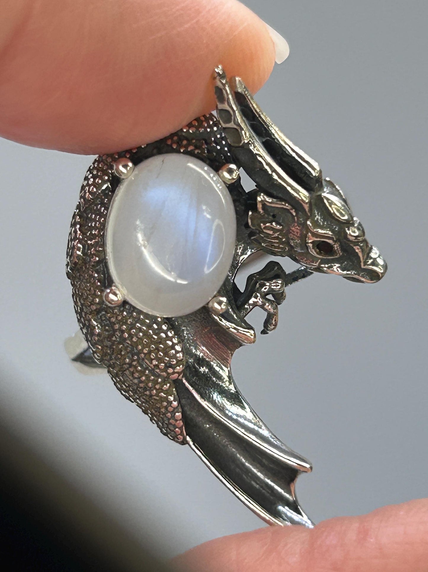 Dragon Ring with Rainbow Moonstone Gemstone • 925 Sterling Silver • Adjustable Size • Gift Box