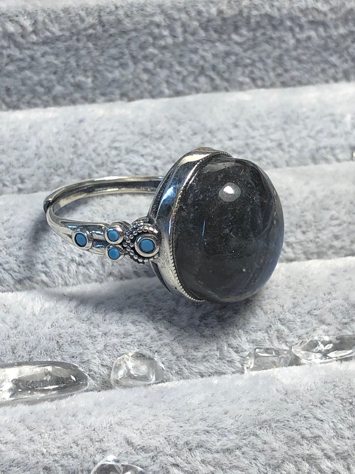 Oval Labradorite Ring with Turquoise, in 925 Sterling Silver, Adjustable Band - Blue Flashy Jewellery Celtic Dragon Jewellery