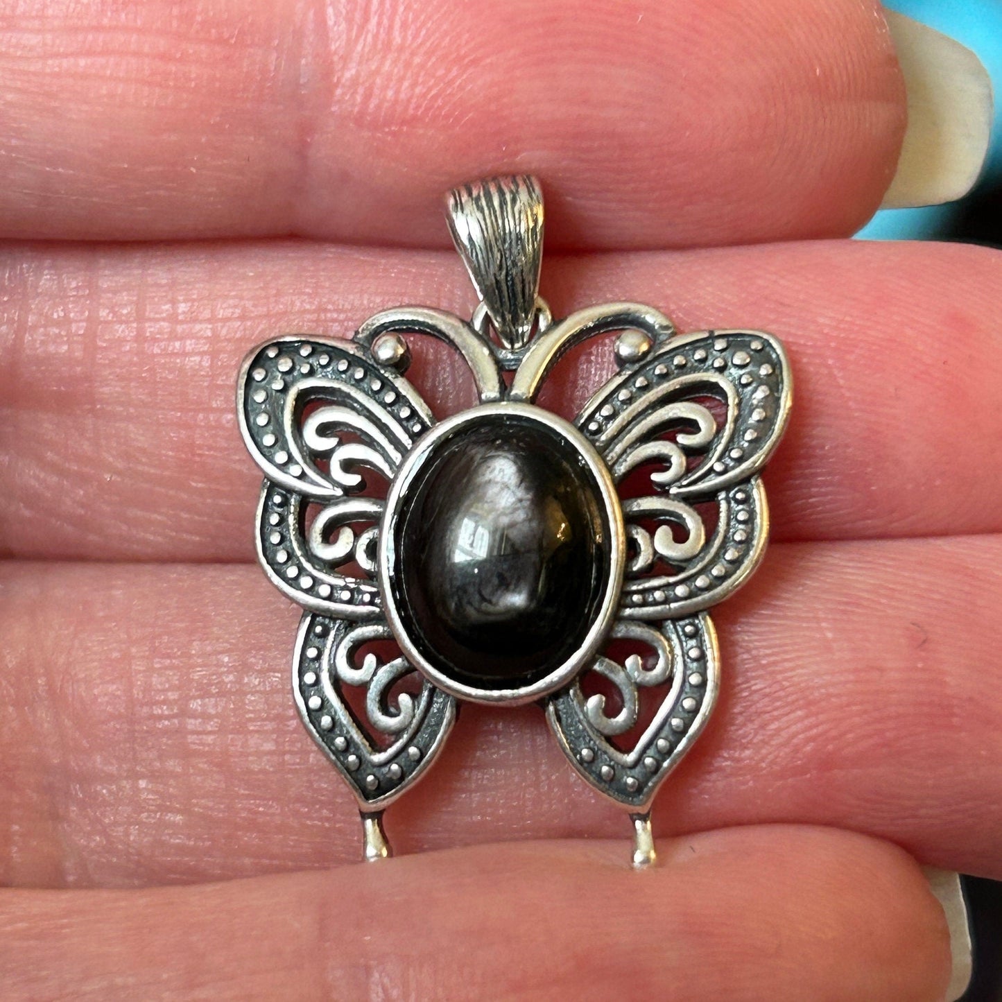 Hypersthene Butterfly Pendant - 925 Sterling Silver - Gemstone Insect Jewellery Celtic Dragon Jewellery