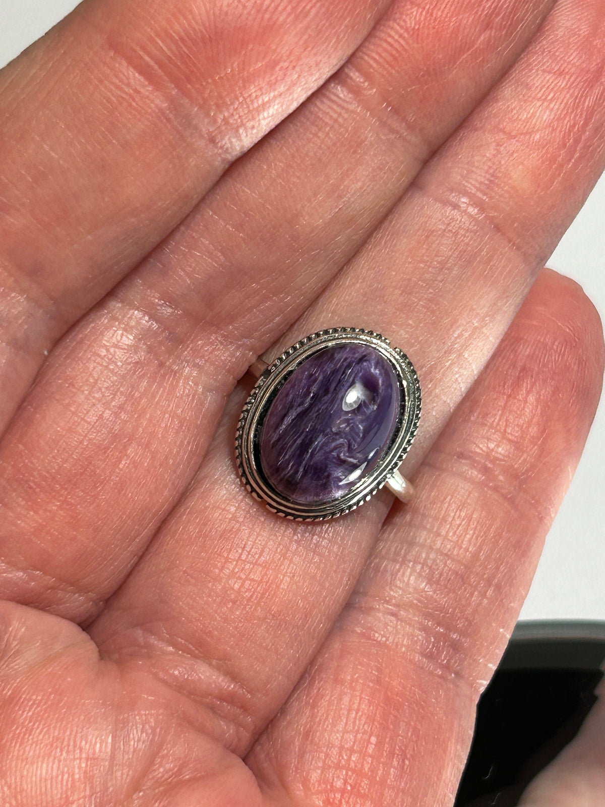 Oval Charoite Ring in 925 Sterling Silver - Adjustable Purple Bezel Goth Jewellery