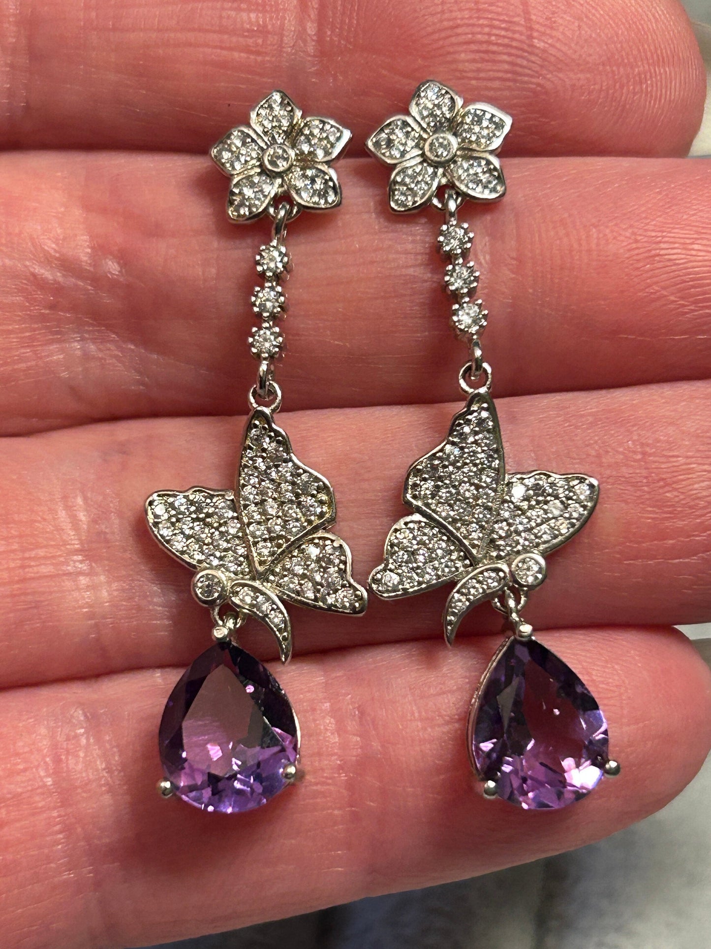 Amethyst Butterfly Dangle Earrings - Teardrop Cut 925 Sterling Silver Jewellery Celtic Dragon Jewellery