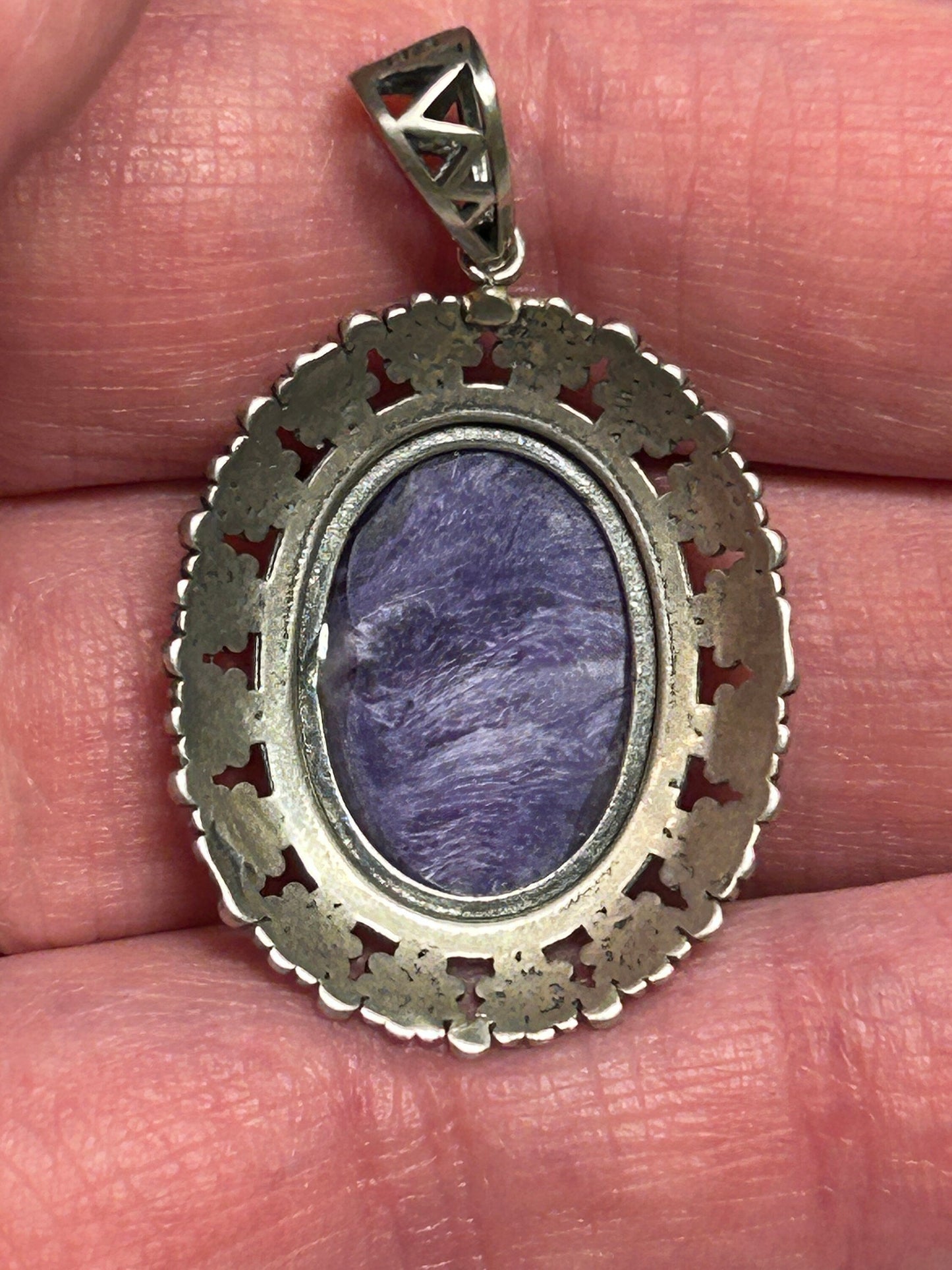 Charoite Pendant With Floral Halo - 925 Sterling Silver - Purple Gothic Jewellery Celtic Dragon Jewellery