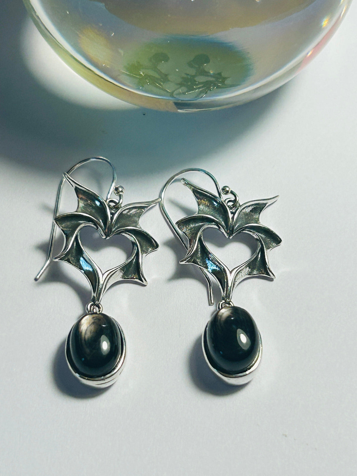 Bat Dangle Earrings with Hypersthene in 925 Sterling Silver - Gothic Vampire Jewellery Celtic Dragon Jewellery