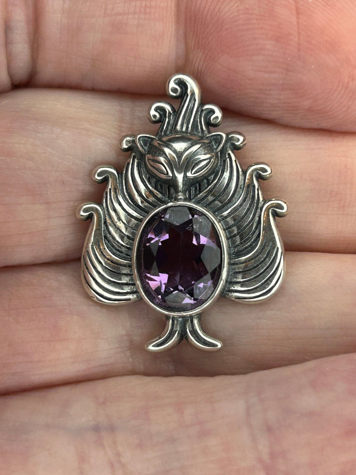 Nine-Tailed Fox Pendant with Amethyst in 925 Sterling Silver - Kitsune Jewellery Celtic Dragon Jewellery