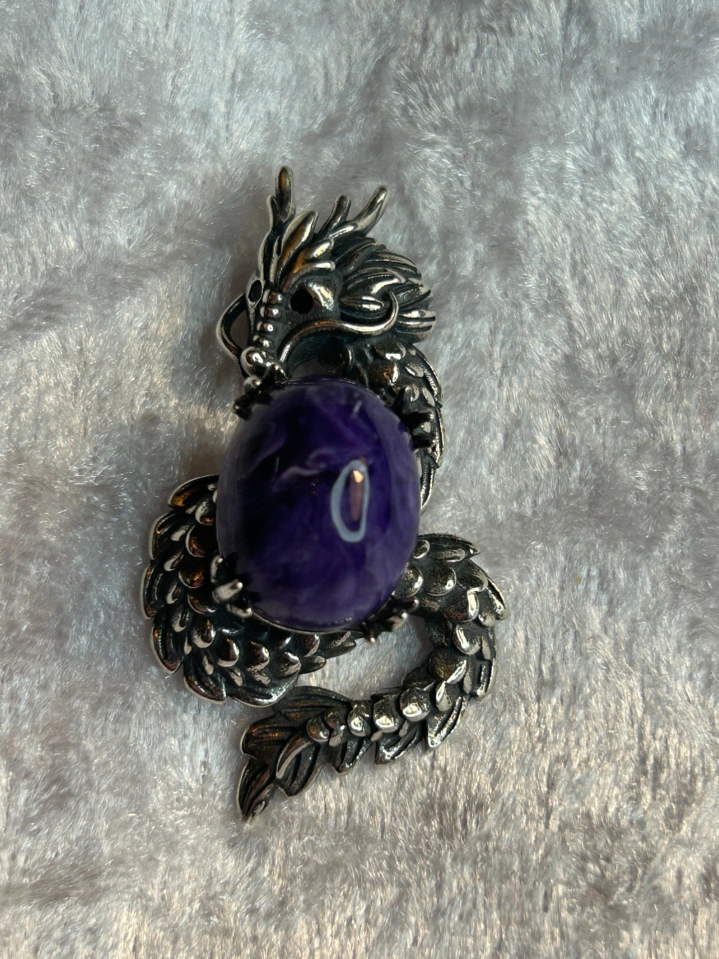 Charoite Dragon Pendant in 925 Sterling Silver - Aged Dark Fantasy Mythical Creature Amulet Celtic Dragon Jewellery