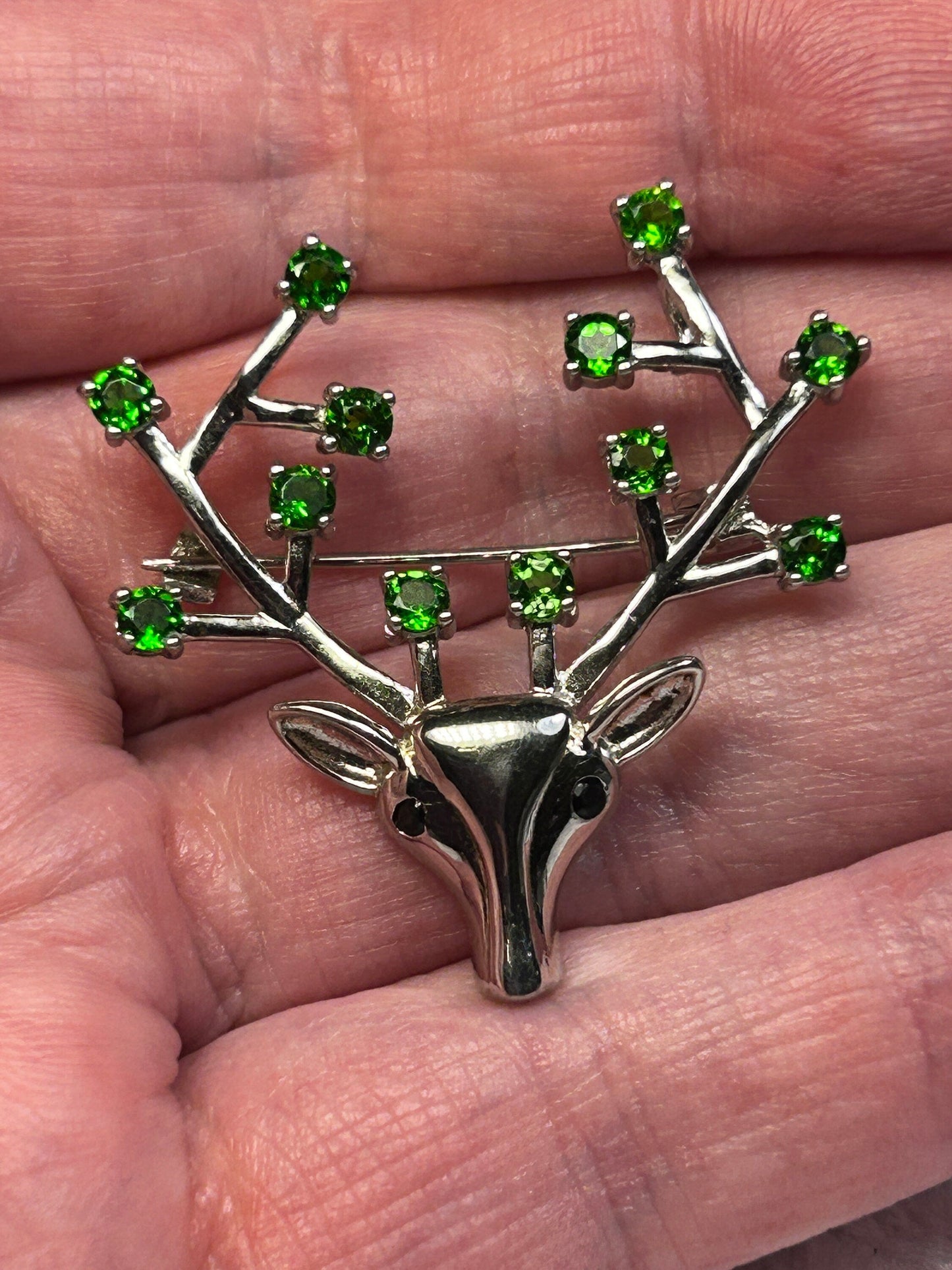 Stag Brooch with Diopside in 925 Sterling Silver Celtic Dragon Jewellery