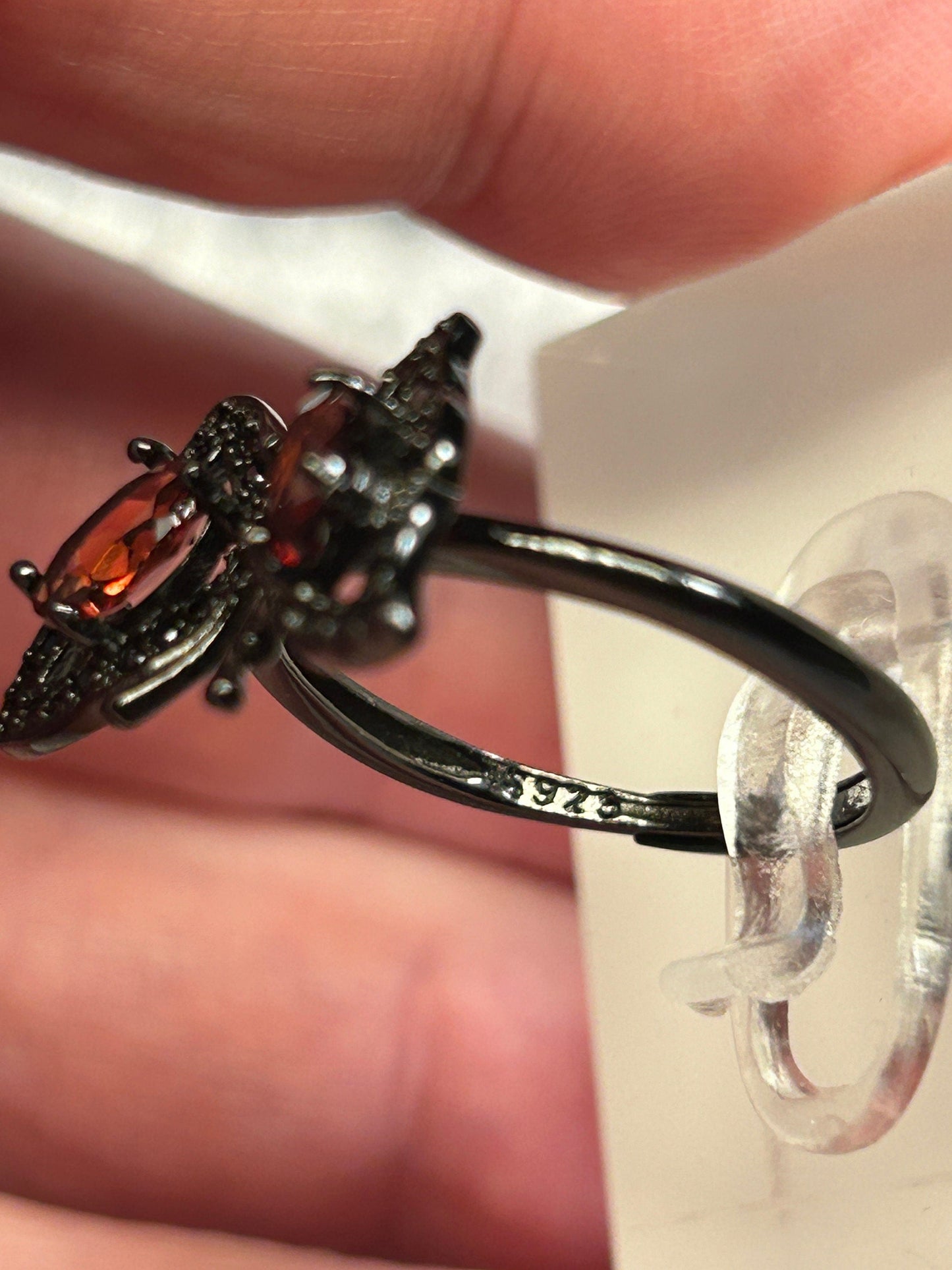 Butterfly Ring with Garnet in Black Ruthenium Sterling Silver & Adjustable Band Celtic Dragon Jewellery