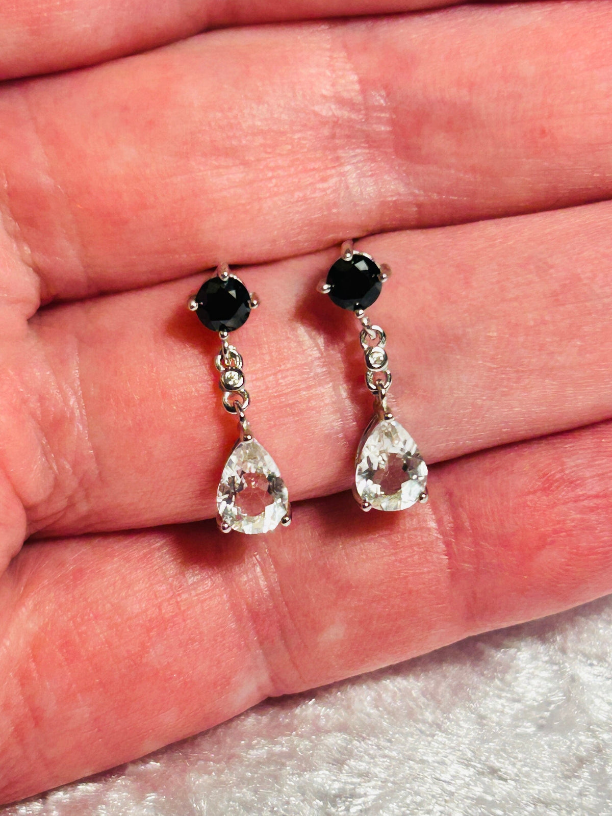 Clear Quartz & Black Spinel Dangle Earrings: 925 Sterling Silver Teardrop Jewellery Celtic Dragon Jewellery