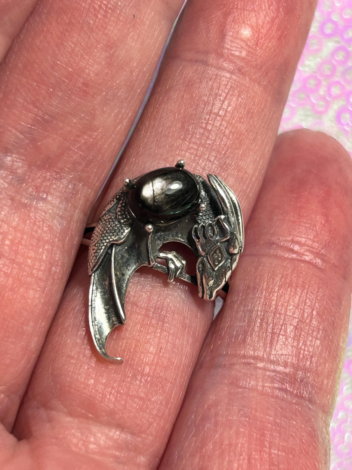 Dragon Ring with Hypersthene in 925 Sterling Silver - Adjustable Gothic Jewellery Celtic Dragon Jewellery