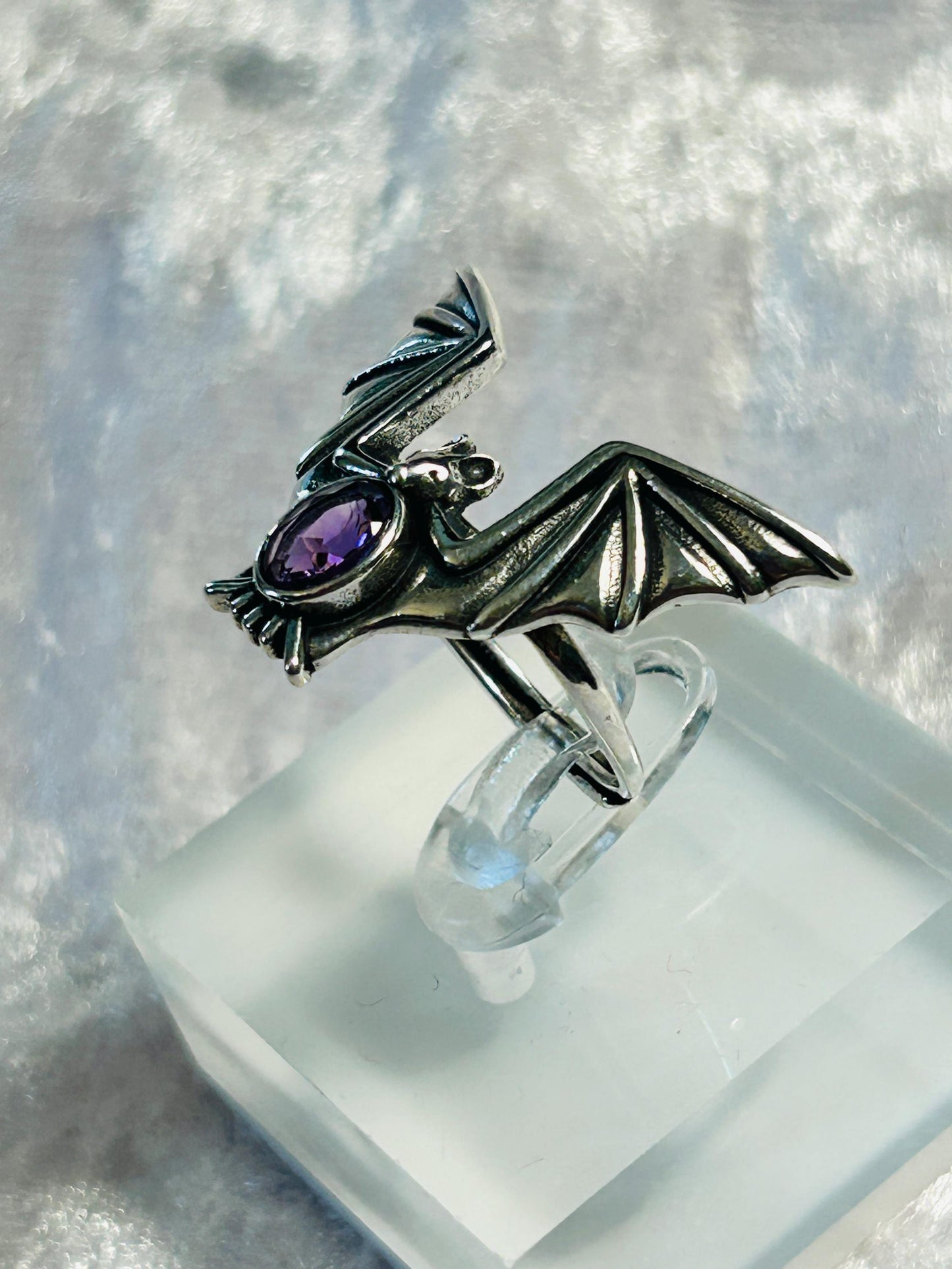 Flying Bat Ring with Amethyst in 925 Sterling Silver & Adjustable Band - Gothic Statement Jewellery Celtic Dragon Jewellery