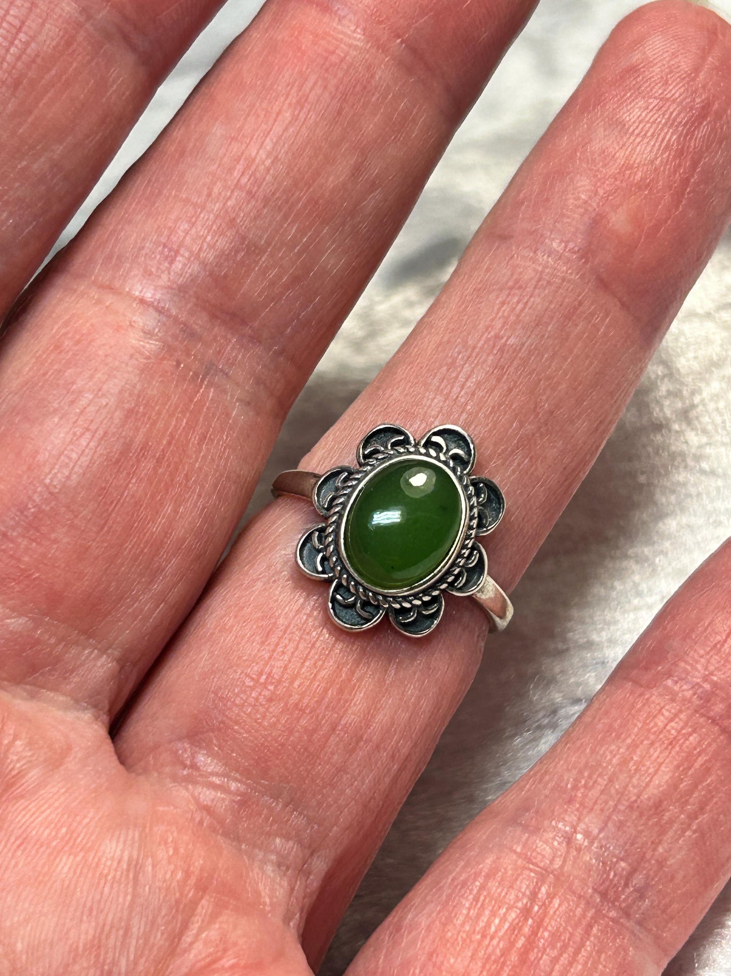 Jade Ring With Flower Design in 925 Sterling Silver & Adjustable Band Celtic Dragon Jewellery