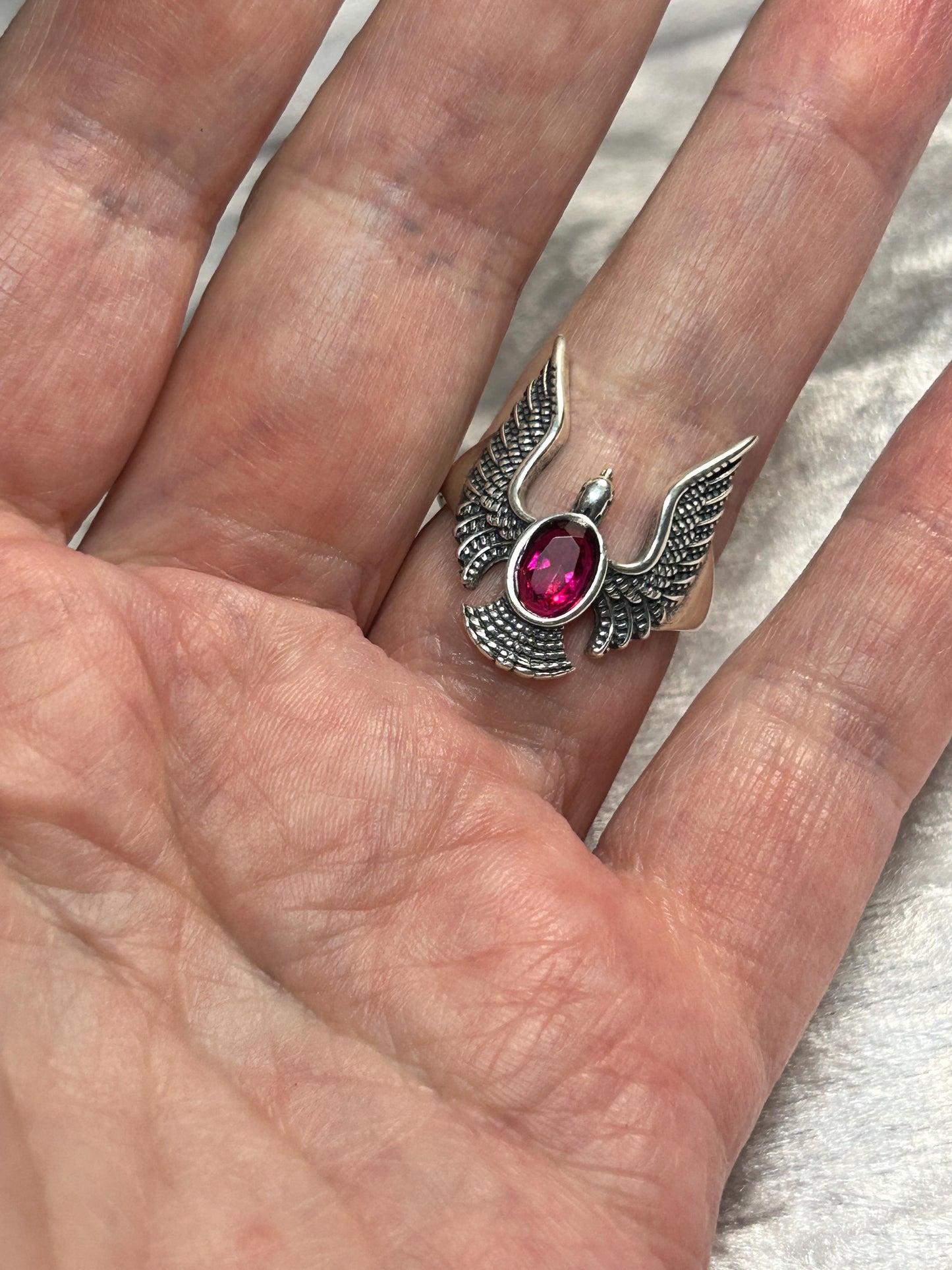 Flying Eagle Ring with Pink Topaz in 925 Sterling Silver & Adjustable Band