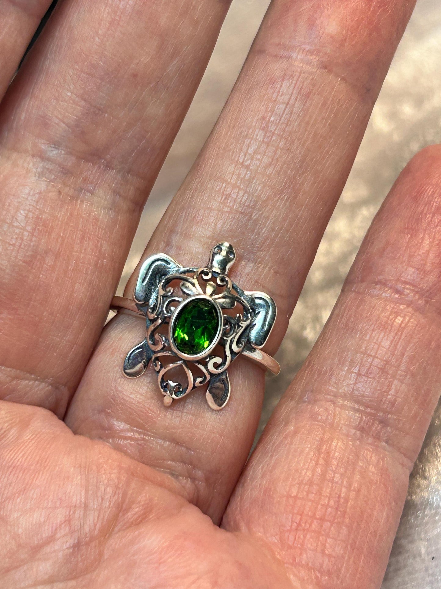 Turtle Ring with Diopside in 925 Sterling Silver, Adjustable Animal Jewellery Celtic Dragon Jewellery