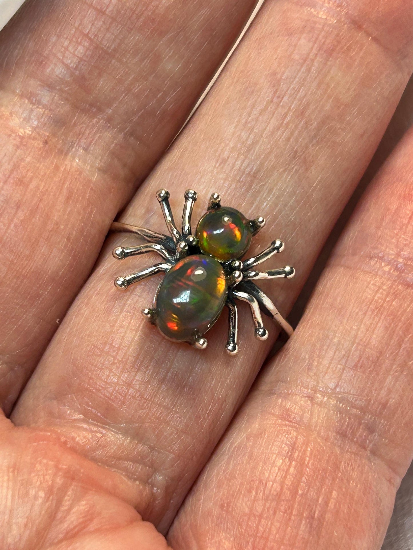 Spider Ring with Black Opal in 925 Sterling Silver, Adjustable Gothic Statement Ring Celtic Dragon Jewellery