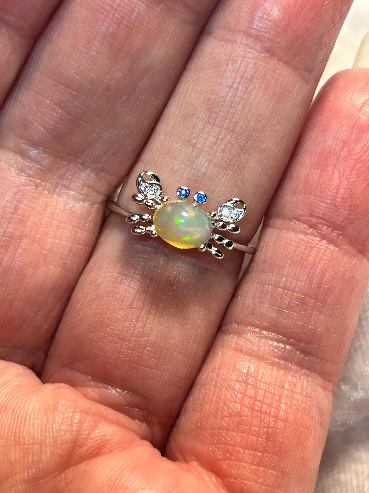 Crab Ring with Opal & CZ, Set in 925 Sterling Silver: Adjustable Band Celtic Dragon Jewellery