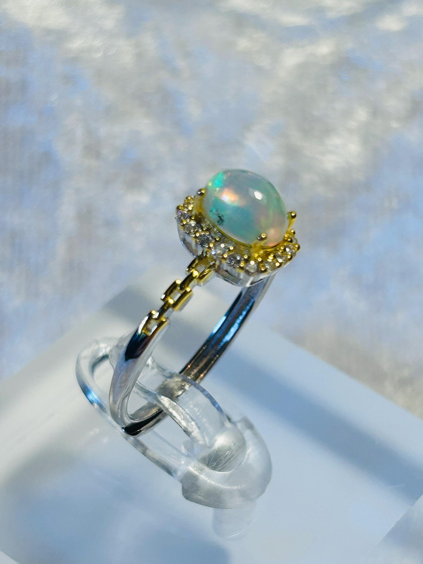 Halo Ring with Opal & CZ Set in Gold Plated 925 Sterling Silver - Adjustable Band Celtic Dragon Jewellery