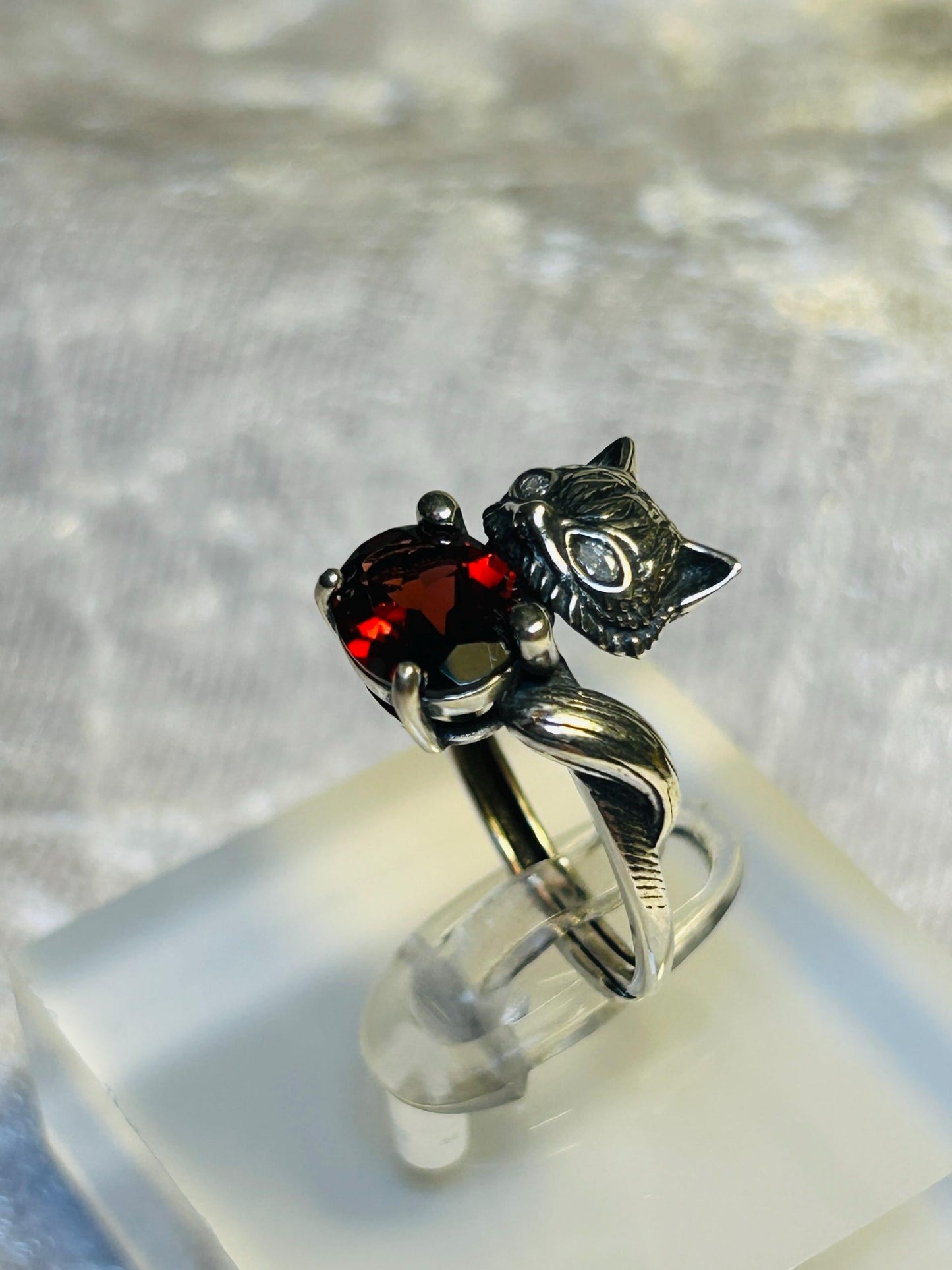 Whimsical Fox Ring With Red Garnet in 925 Sterling Silver & Adjustable Band Celtic Dragon Jewellery