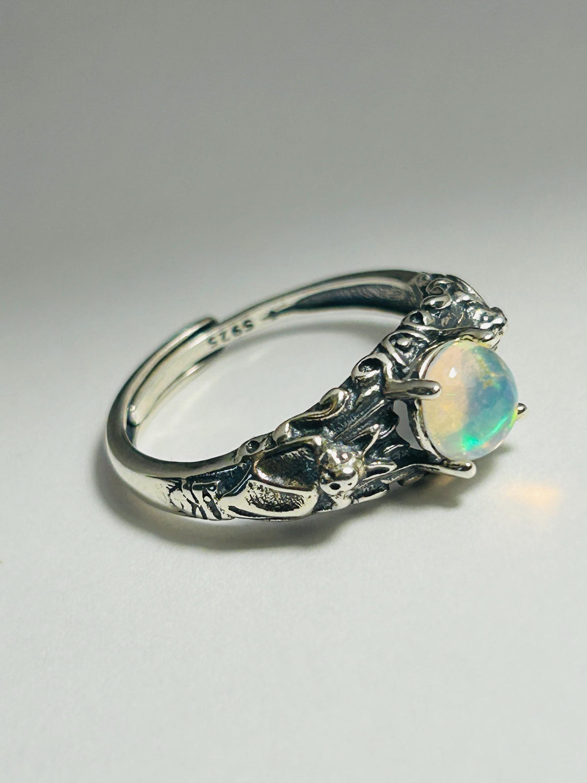 Bat Ring with Opal in 925 Sterling Silver - Adjustable Gothic Vampire Jewellery Celtic Dragon Jewellery