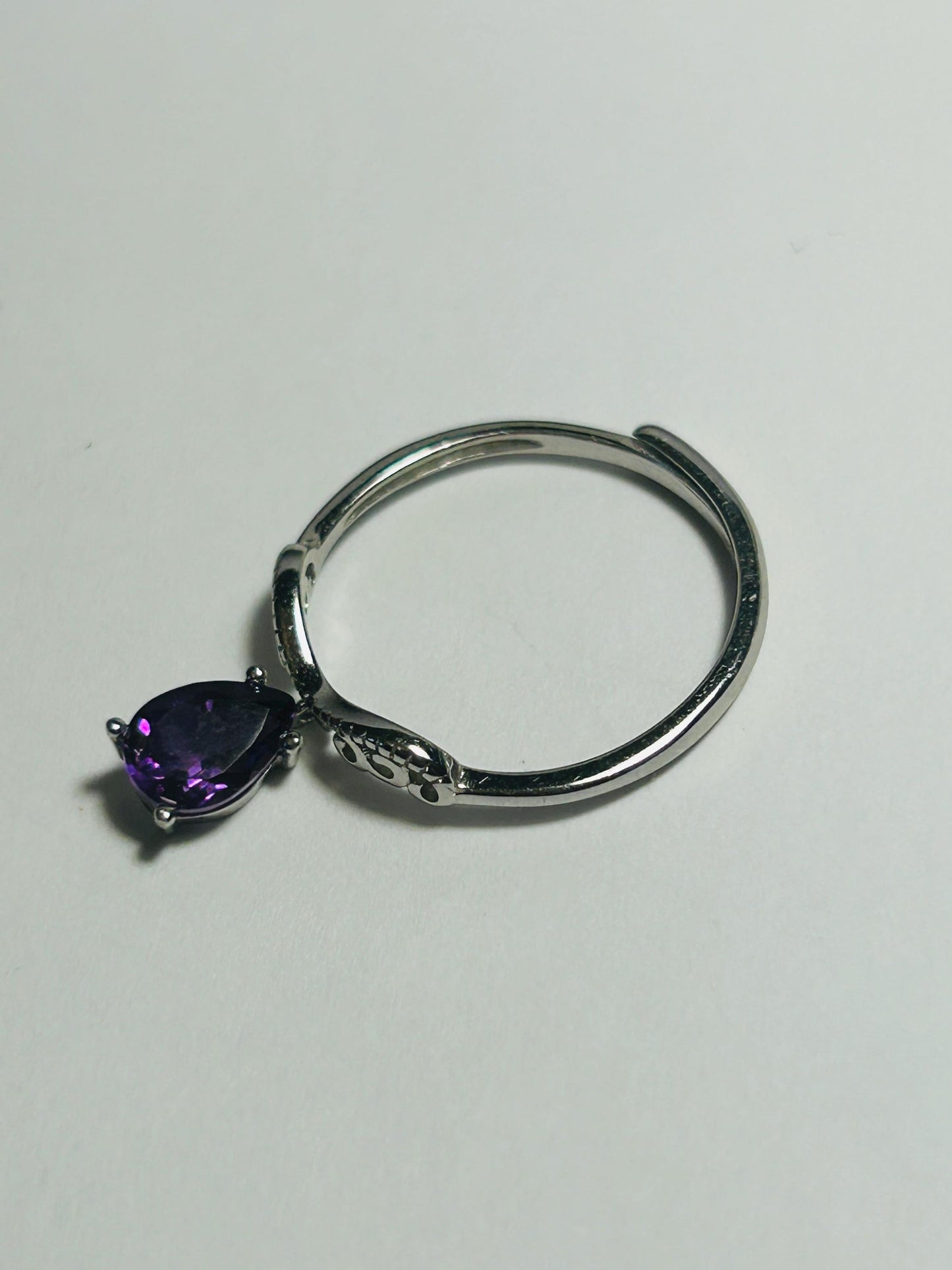 Amethyst Dangle Ring in 925 Sterling Silver - Adjustable Chevron Scroll Goth Jewellery Celtic Dragon Jewellery