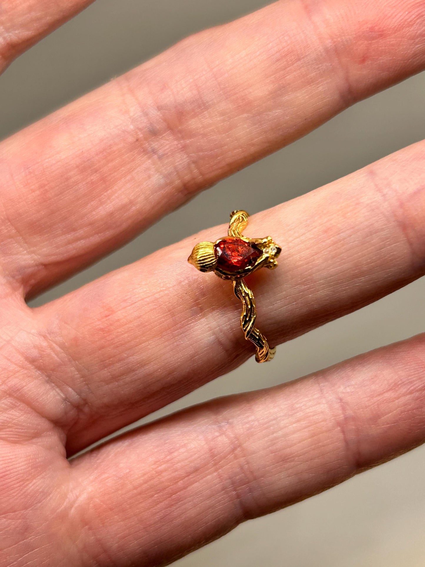 Gold Plated Sterling Silver Bird Ring with Garnet and CZ Accents – Adjustable Twig Design Celtic Dragon Jewellery