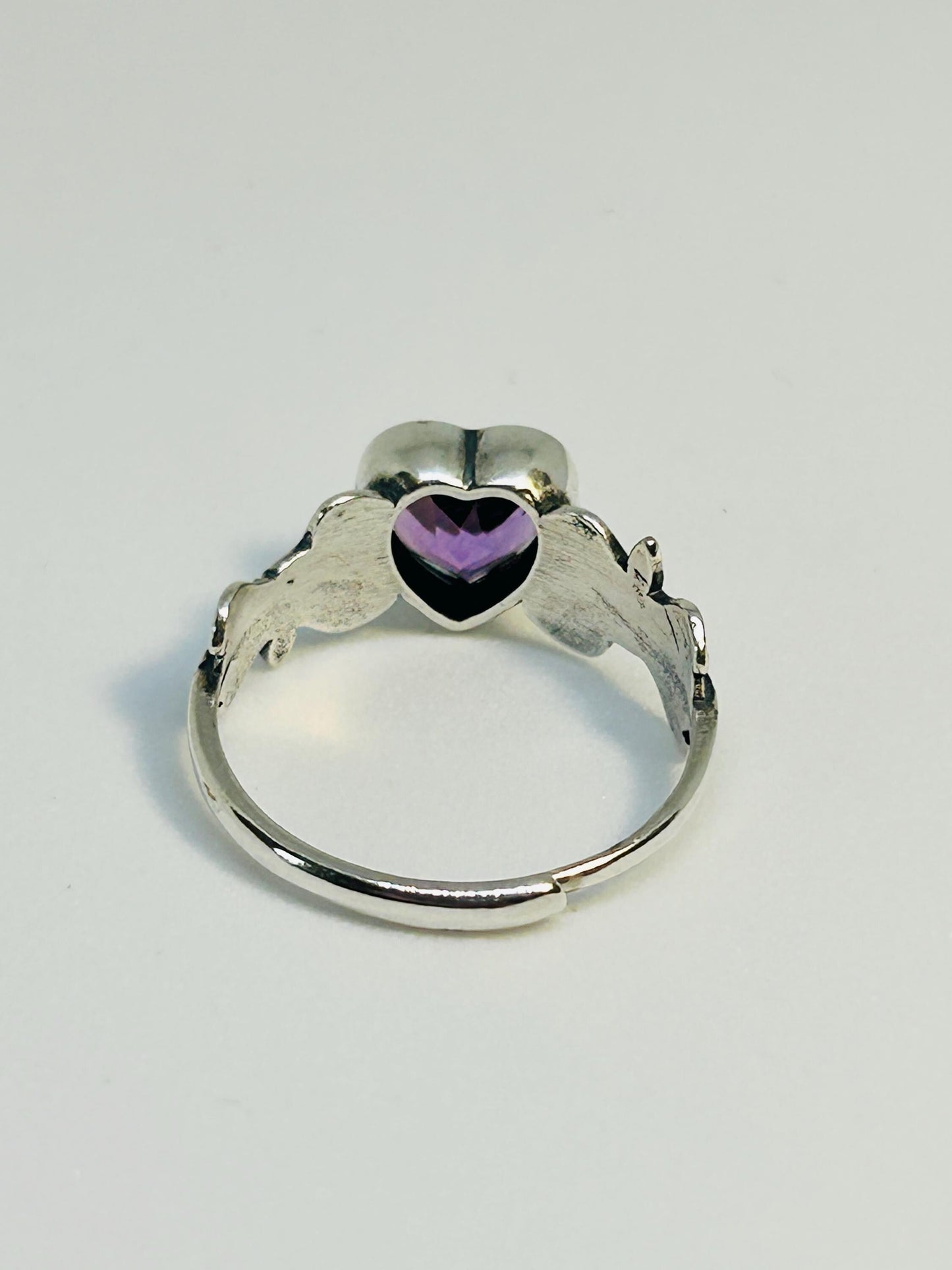 Amethyst Heart Ring with Leaf Design in 925 Sterling Silver - Adjustable Romantic Jewellery Celtic Dragon Jewellery