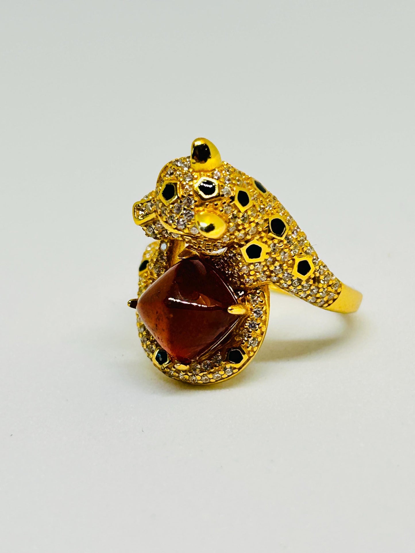 Leopard Statement Ring – Gold Plated Sterling Silver, Orange Garnet, CZ Eyes Celtic Dragon Jewellery