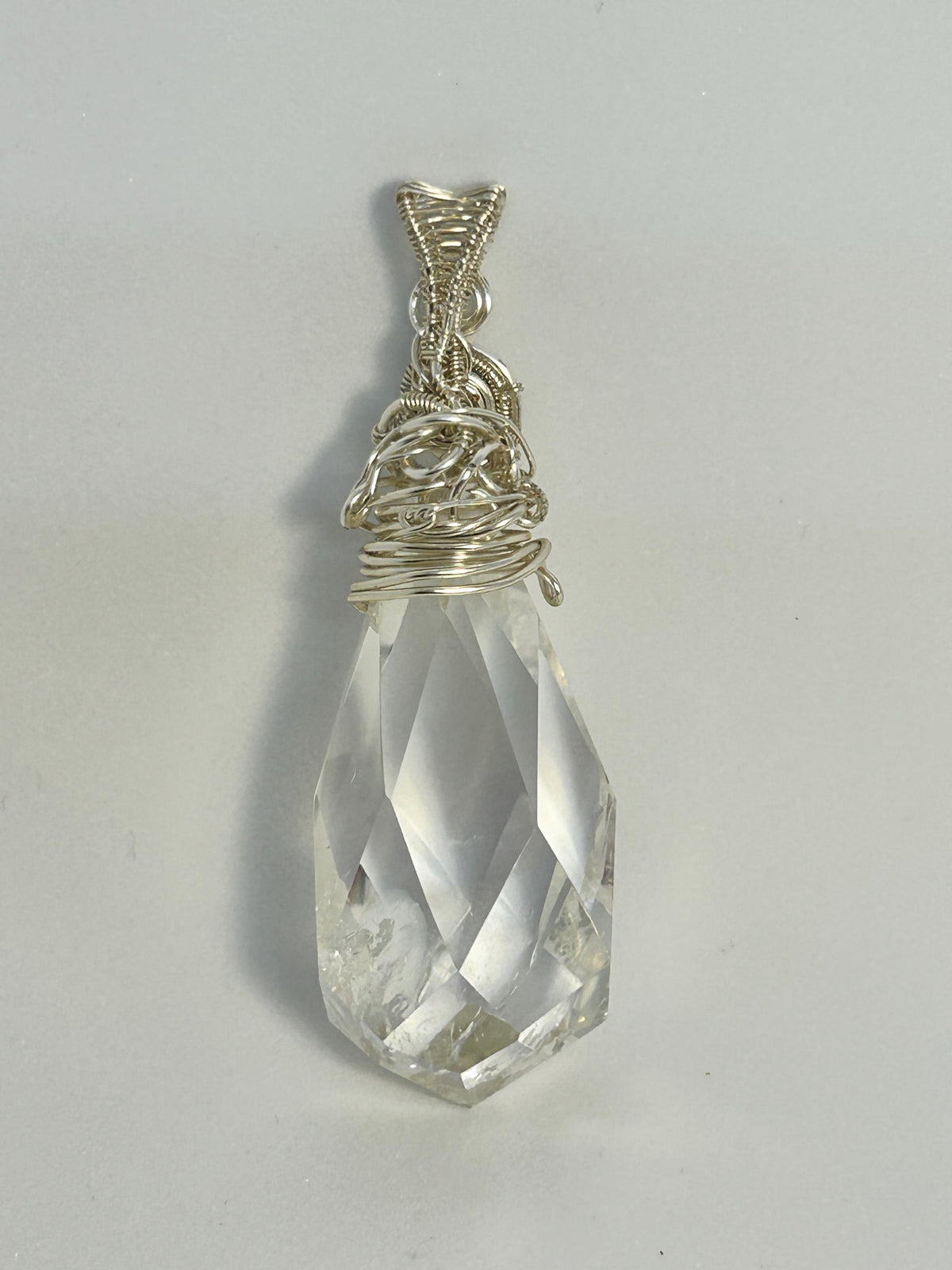 Wire Wrapped Clear Quartz Teardrop Pendant with Garnet Bead - With Gift Bag