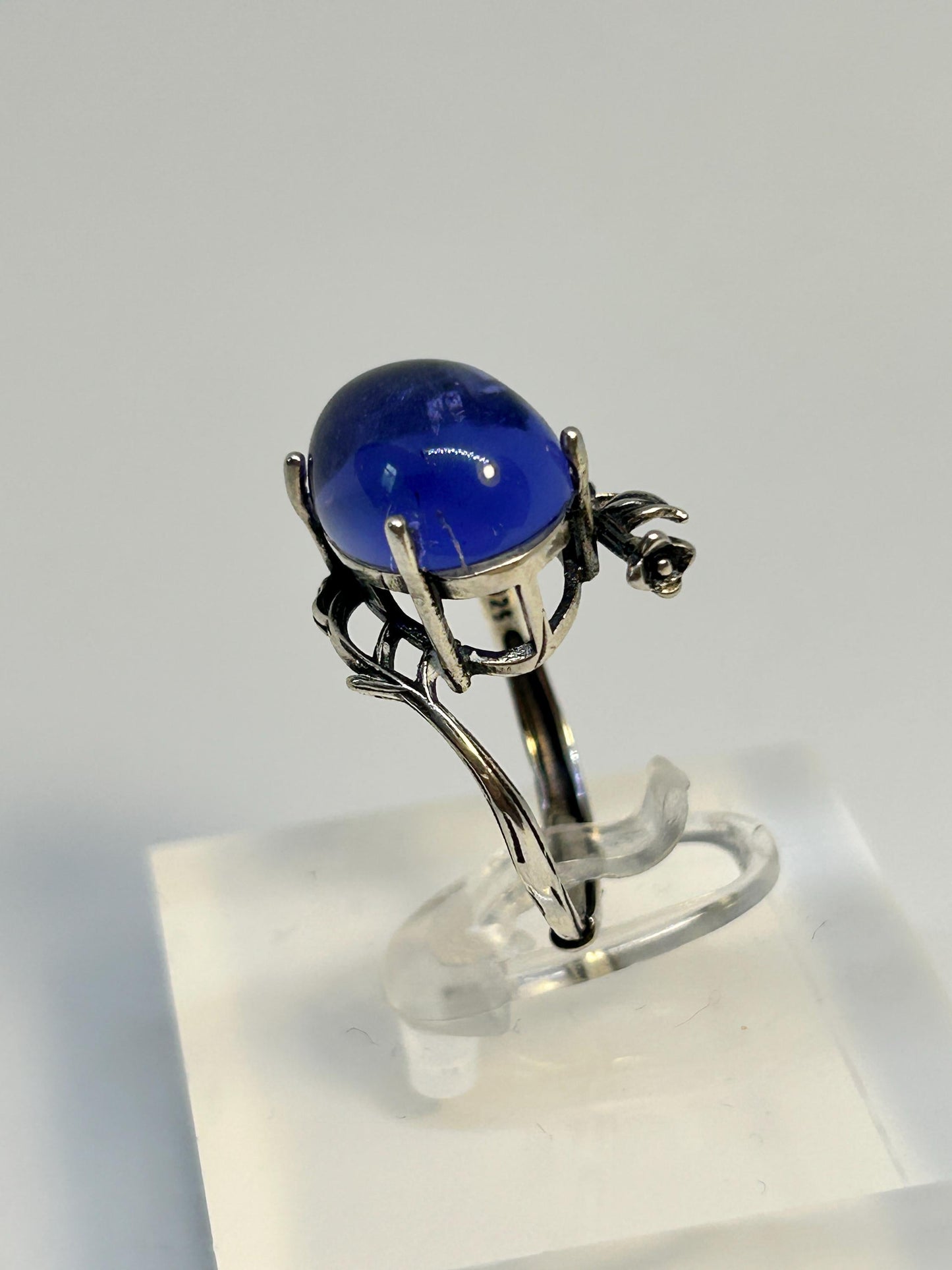 Oval Blue Fluorite Ring, Floral Sterling Silver, Adjustable Band Celtic Dragon Jewellery