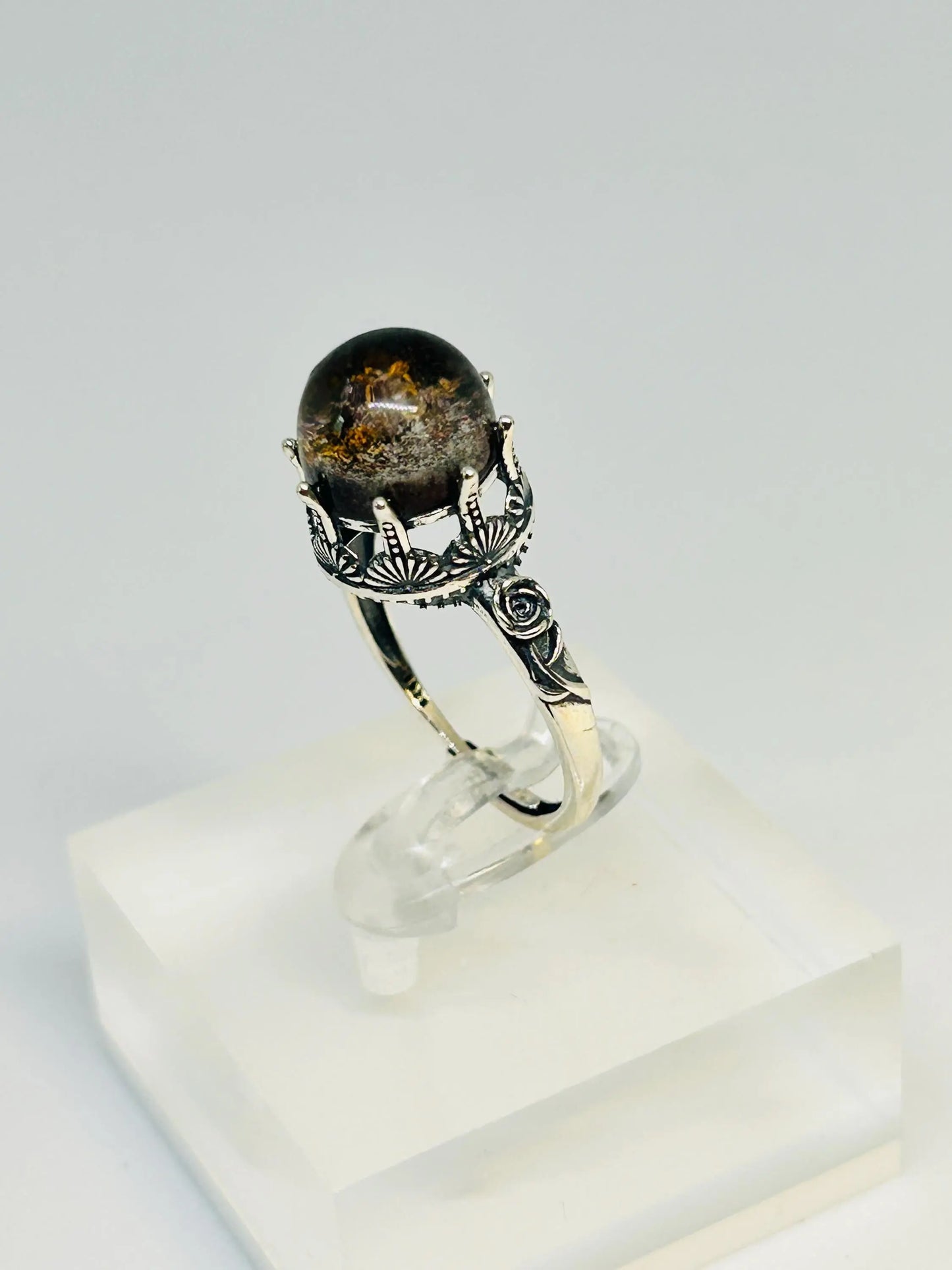 Garden Quartz Ring with Rose Design in 925 Sterling Silver - Adjustable Band Celtic Dragon Jewellery