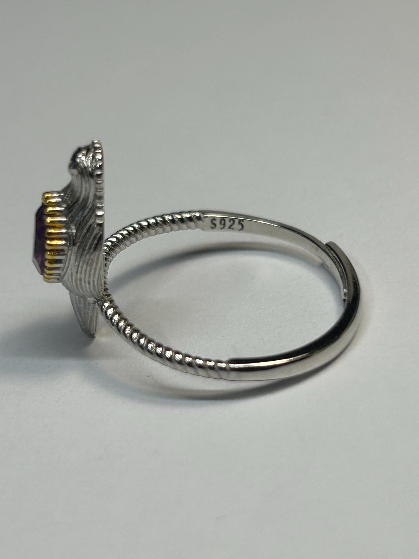 Dainty Bird Ring With Amethyst in 925 Sterling Silver & Adjustable Band