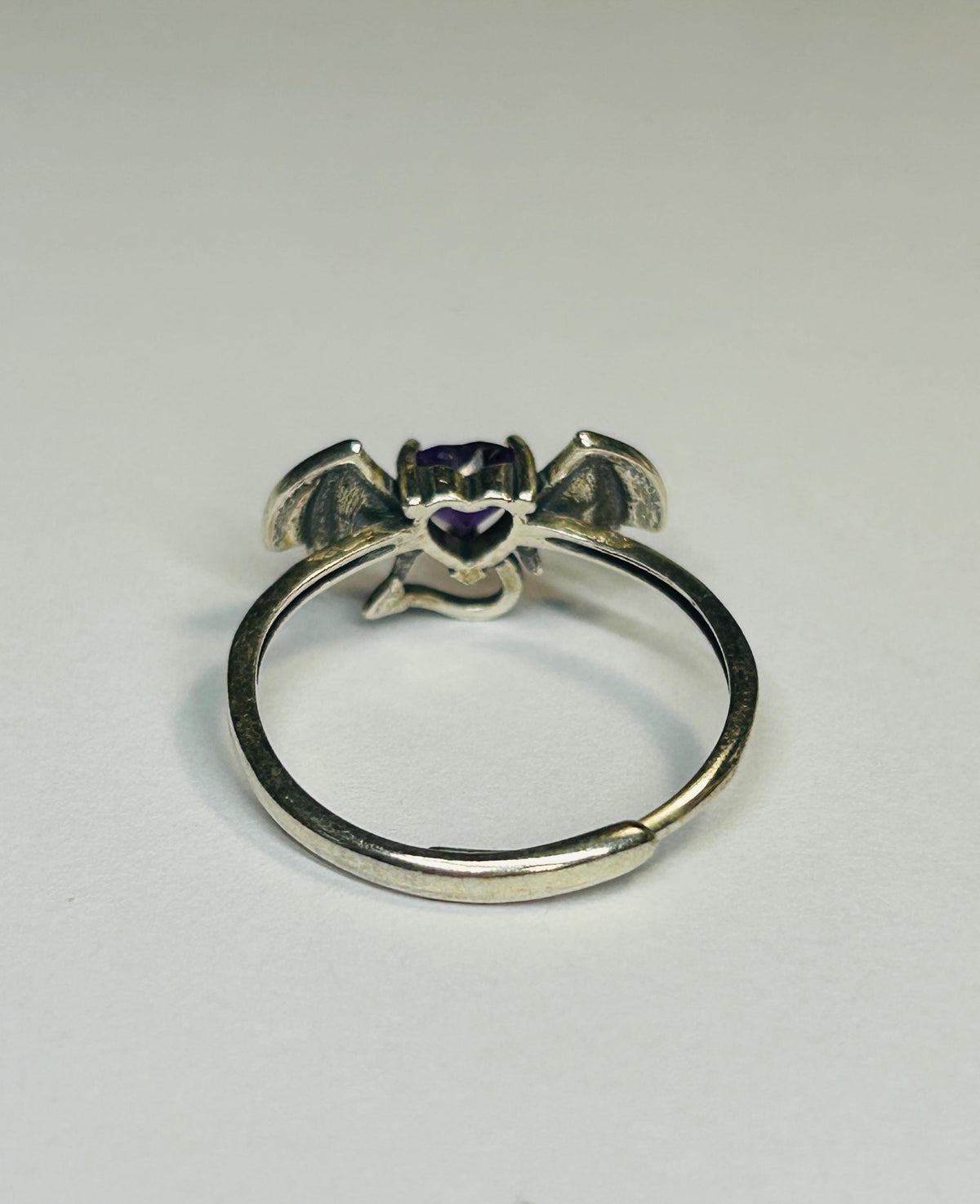 Bat Ring with Amethyst Heart in 925 Sterling Silver & Adjustable Band Celtic Dragon Jewellery