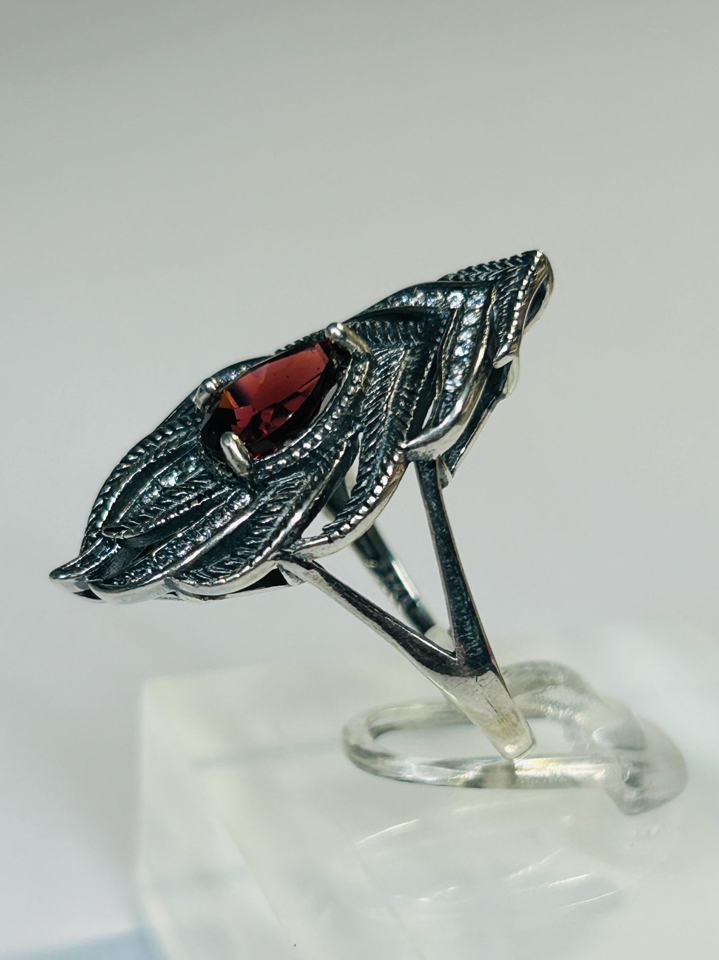 Peacock Feather Ring with Red Garnet in 925 Sterling Silver & Adjustable Band Celtic Dragon Jewellery