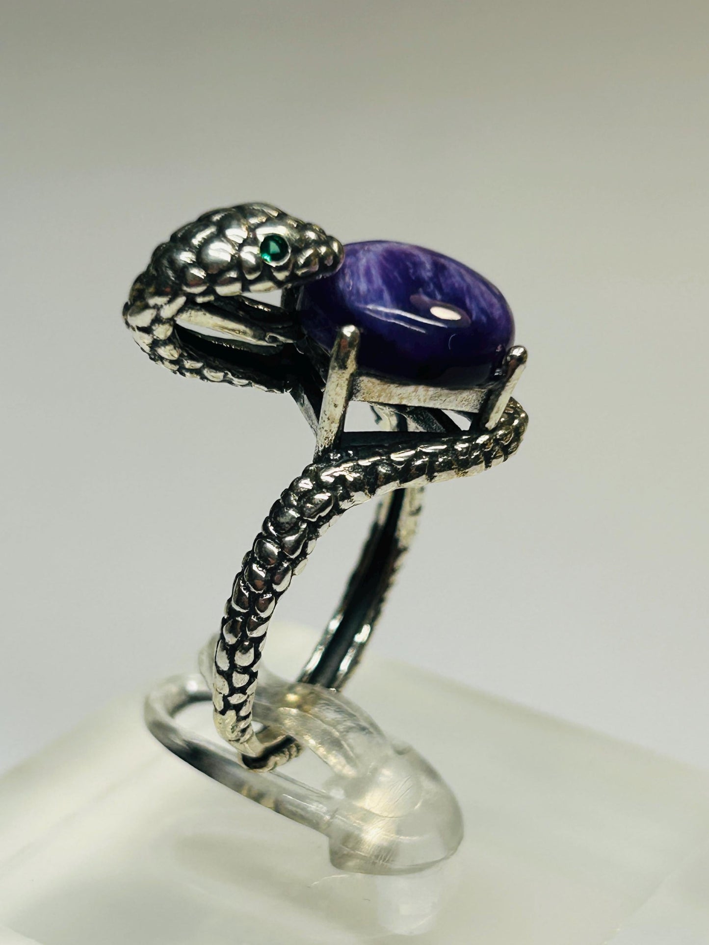 Snake Ring with Charoite in 925 Sterling Silver & Adjustable Band Celtic Dragon Jewellery