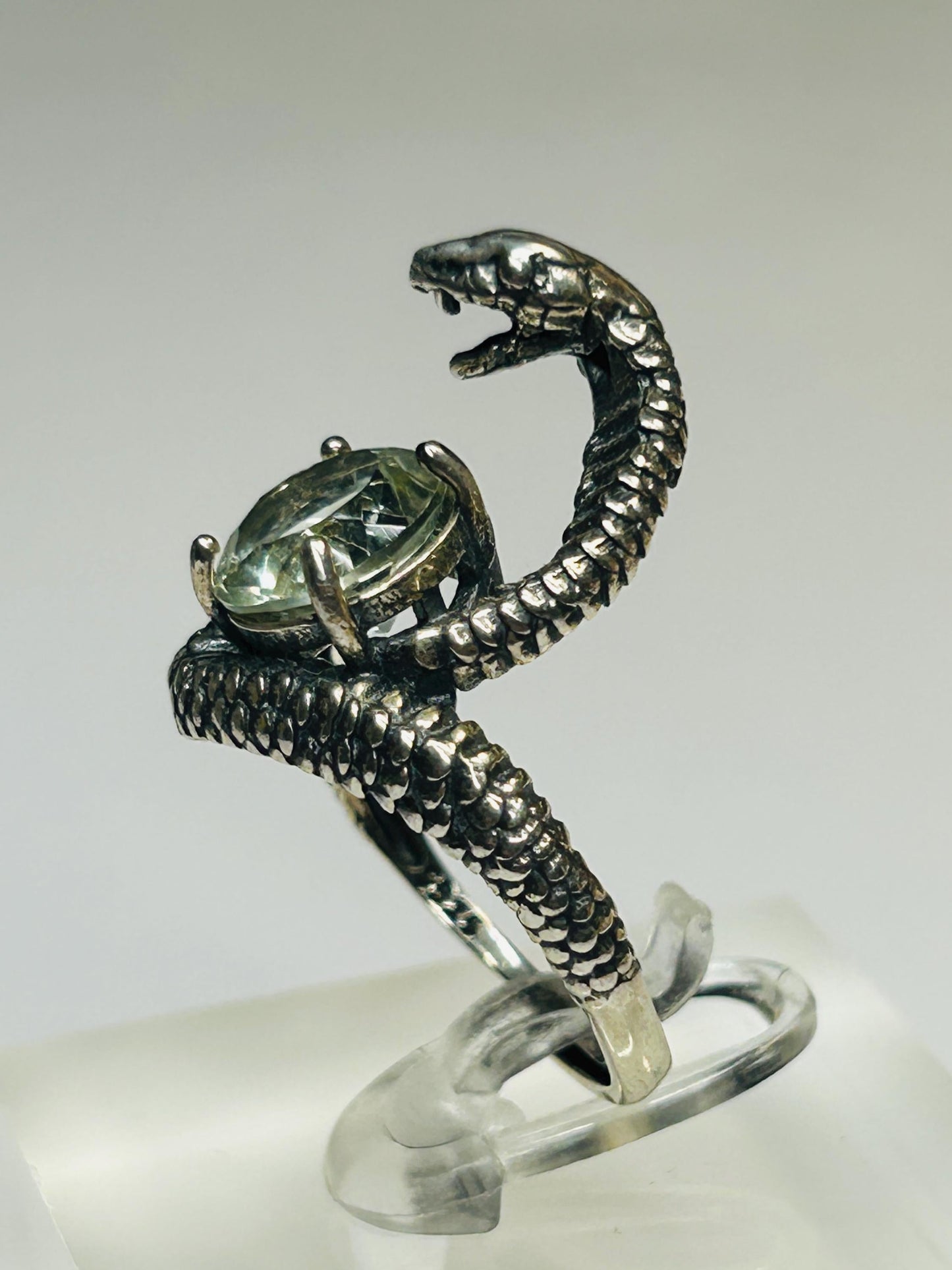 Cobra Snake Ring with Green Quartz in 925 Sterling Silver & Adjustable Band Celtic Dragon Jewellery
