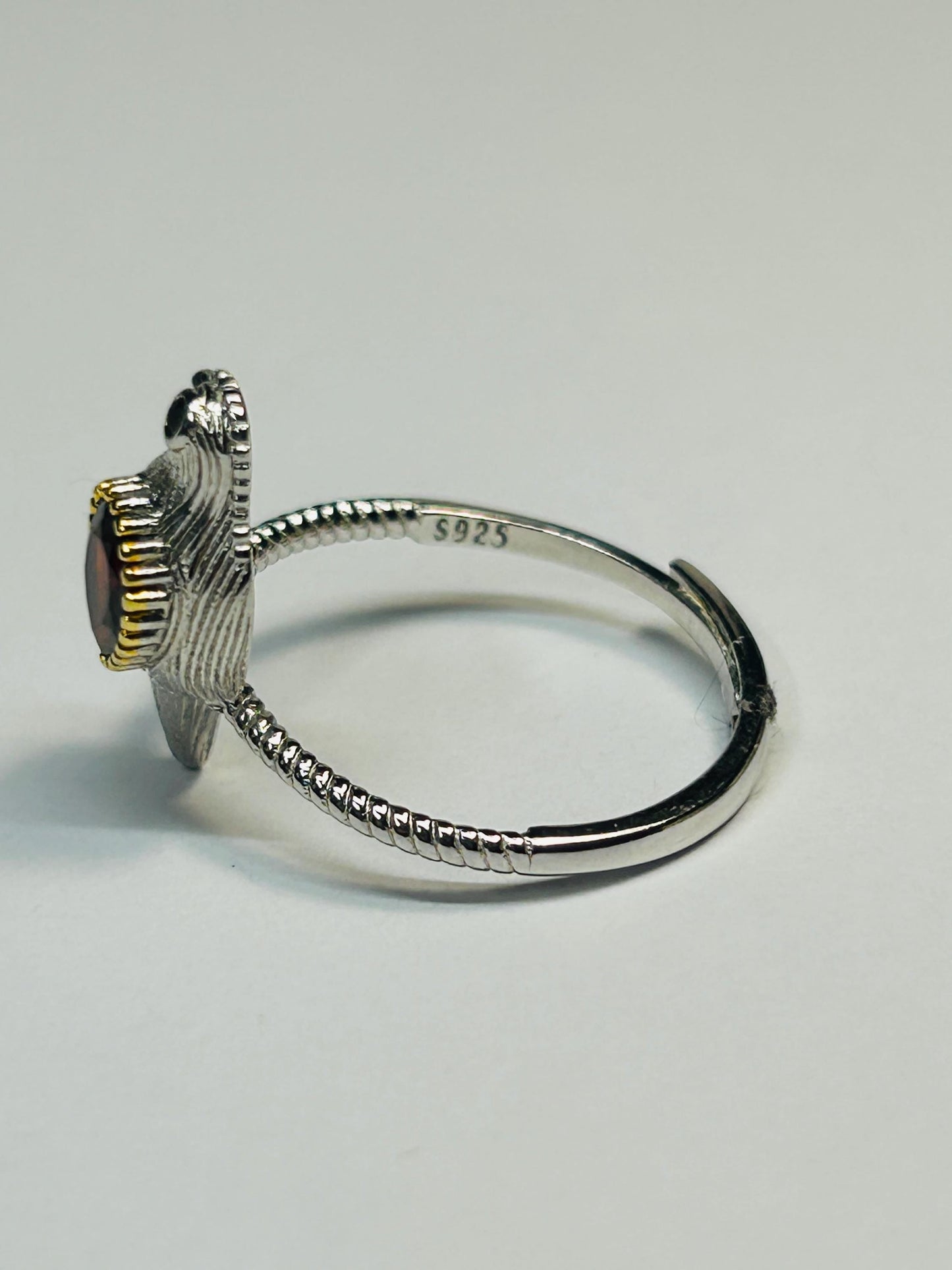 Dainty Bird Ring With Garnet in 925 Sterling Silver & Adjustable Band Celtic Dragon Jewellery