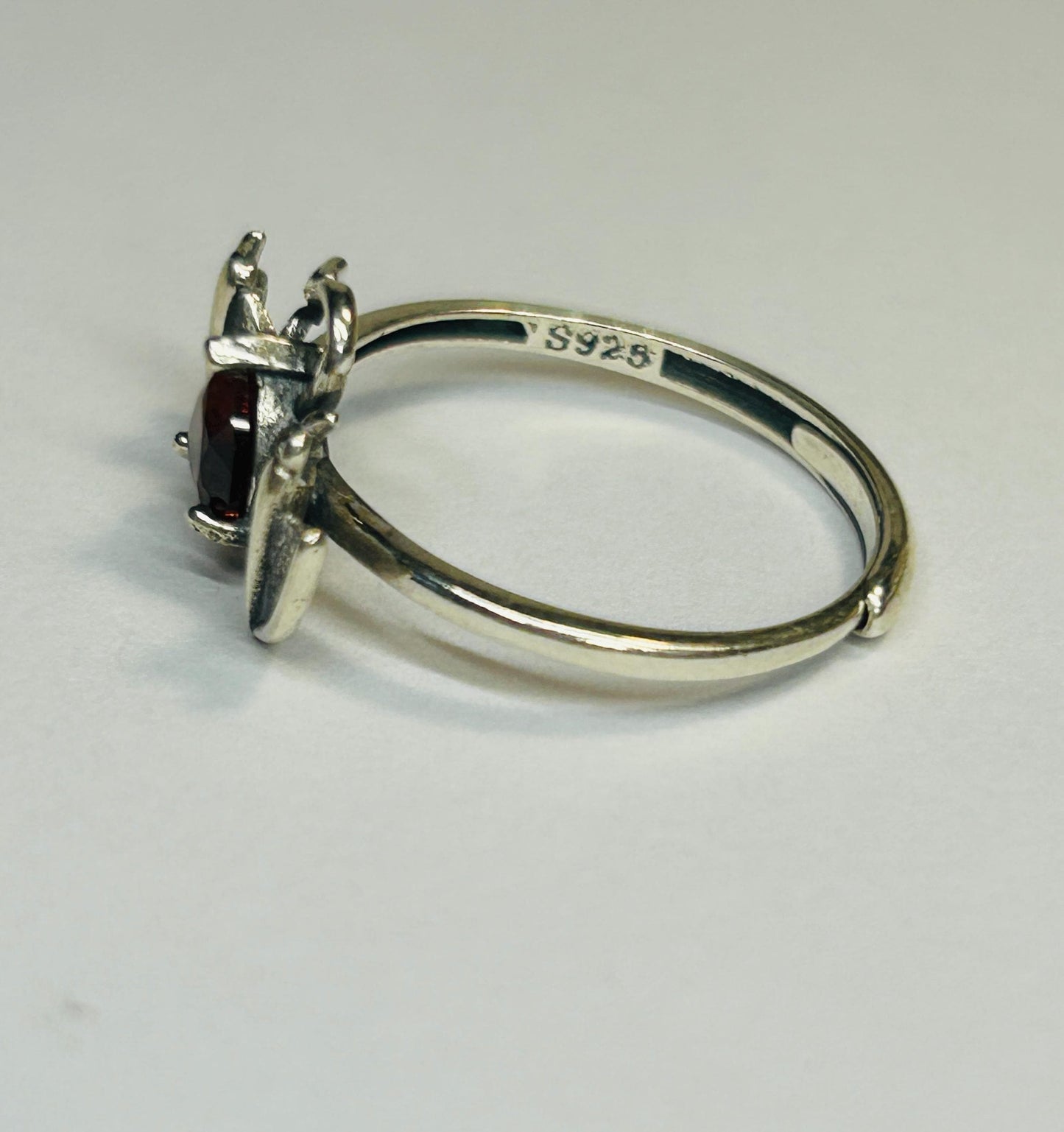 Bat Ring with Red Garnet Heart in 925 Sterling Silver & Adjustable Band