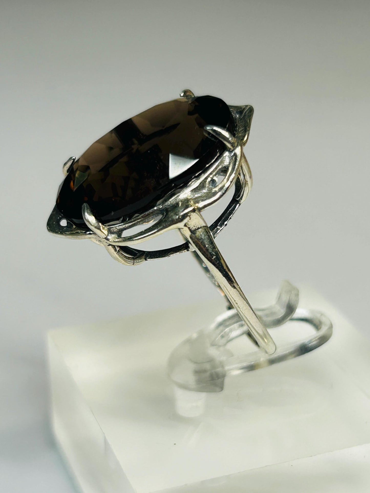 Smoky Quartz Statement Ring with Large Faceted Oval in 925 Sterling Silver & Adjustable Band Celtic Dragon Jewellery