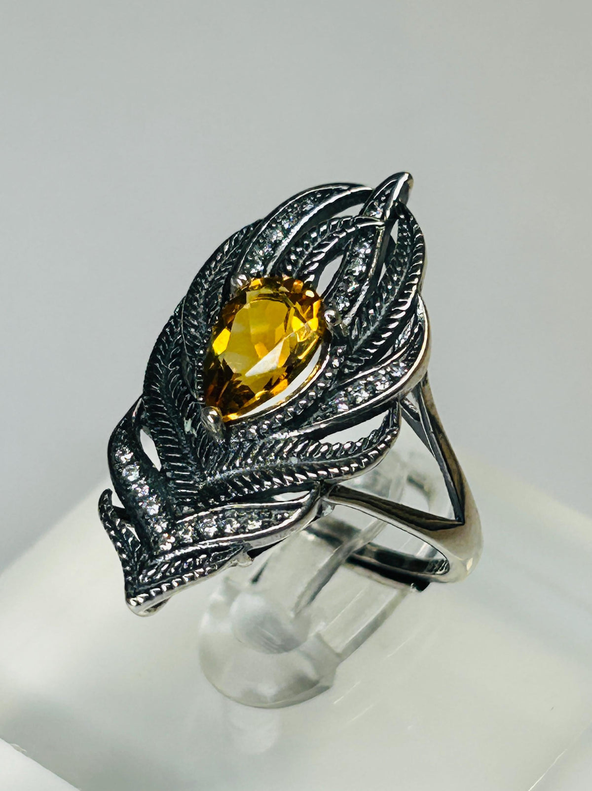 Peacock Feather Ring with Citrine in 925 Sterling Silver & Adjustable Band Celtic Dragon Jewellery
