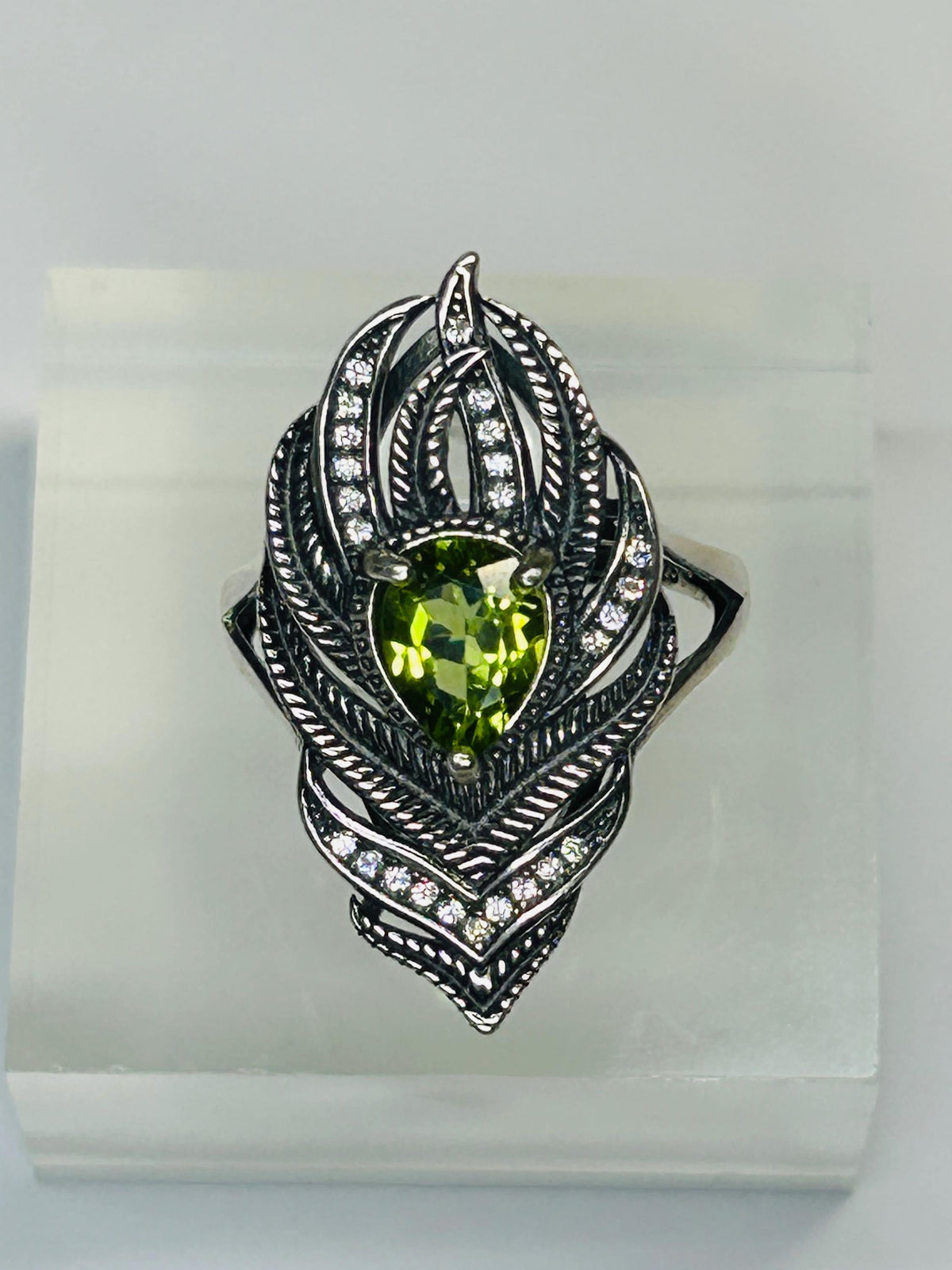 Peacock Feather Ring with Peridot in 925 Sterling Silver & Adjustable Band Celtic Dragon Jewellery