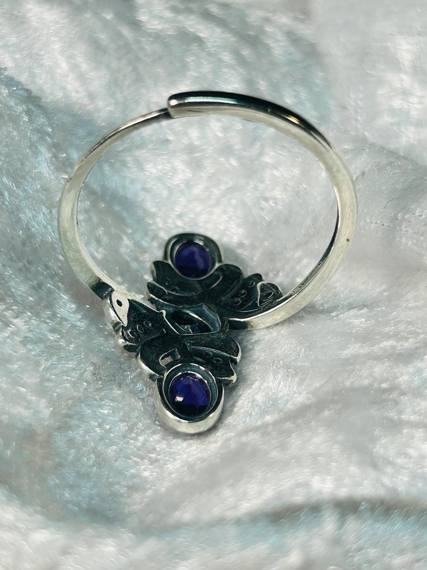 Amethyst Black Spinel Leaf Ring – Sterling Silver - Adjustable Goth Statement Jewellery Celtic Dragon Jewellery