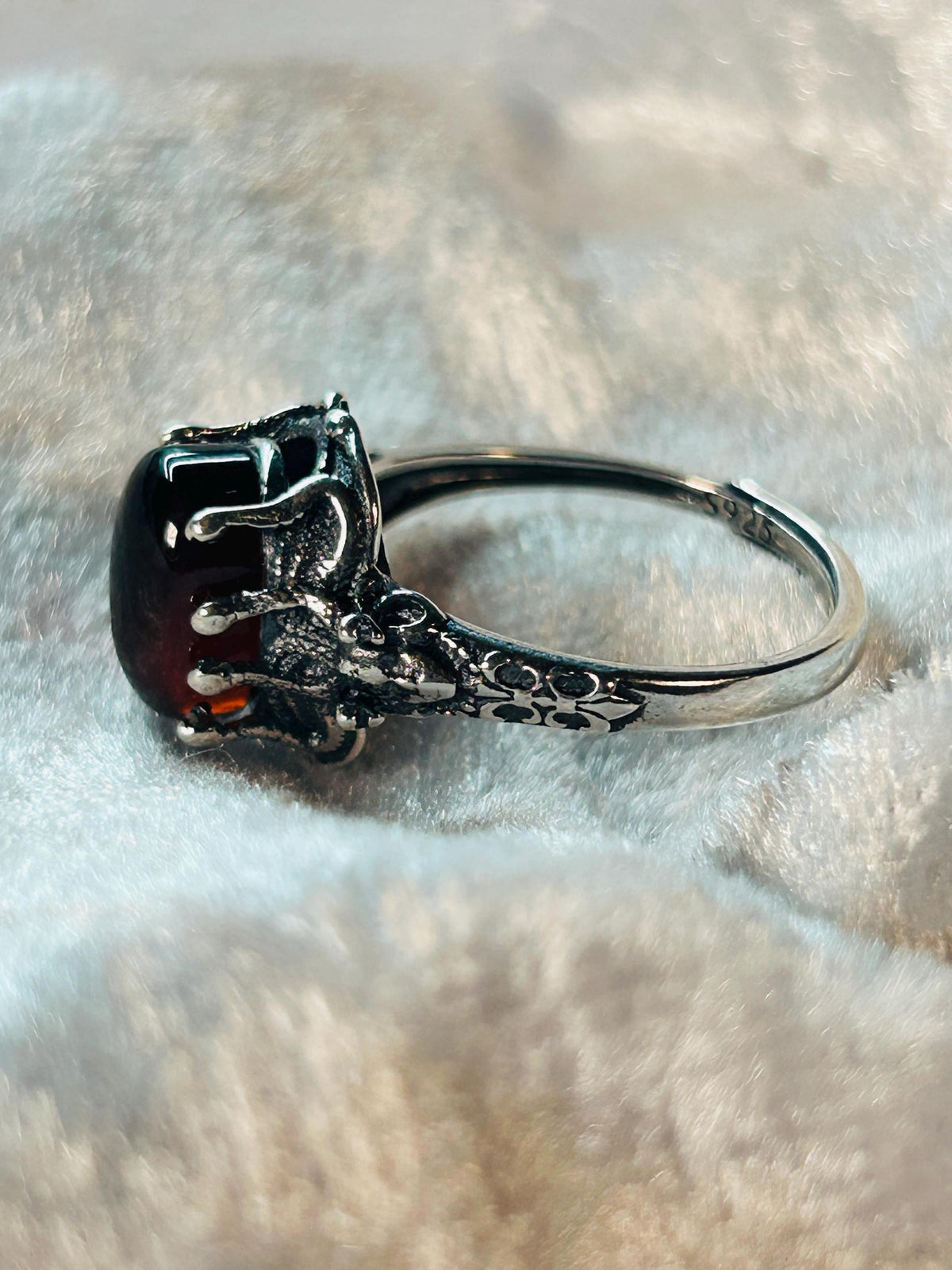 Medusa Ring with Oval Garnet in Oxidised Sterling Silver, Adjustable Band, Mythology Jewellery Celtic Dragon Jewellery