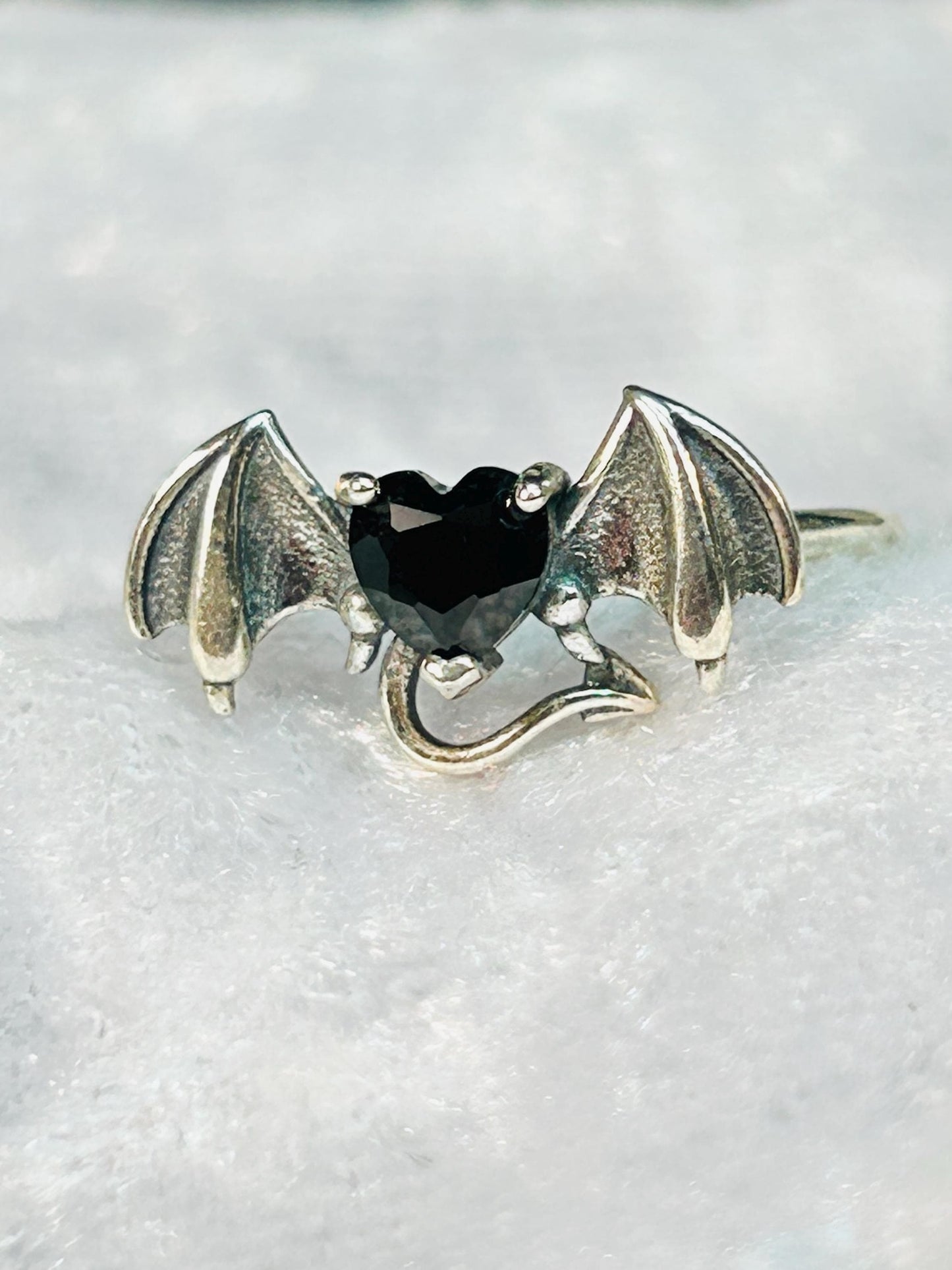 Bat Ring with Black Spinel in 925 Sterling Silver & Adjustable Gothic Vampire Jewellery Celtic Dragon Jewellery