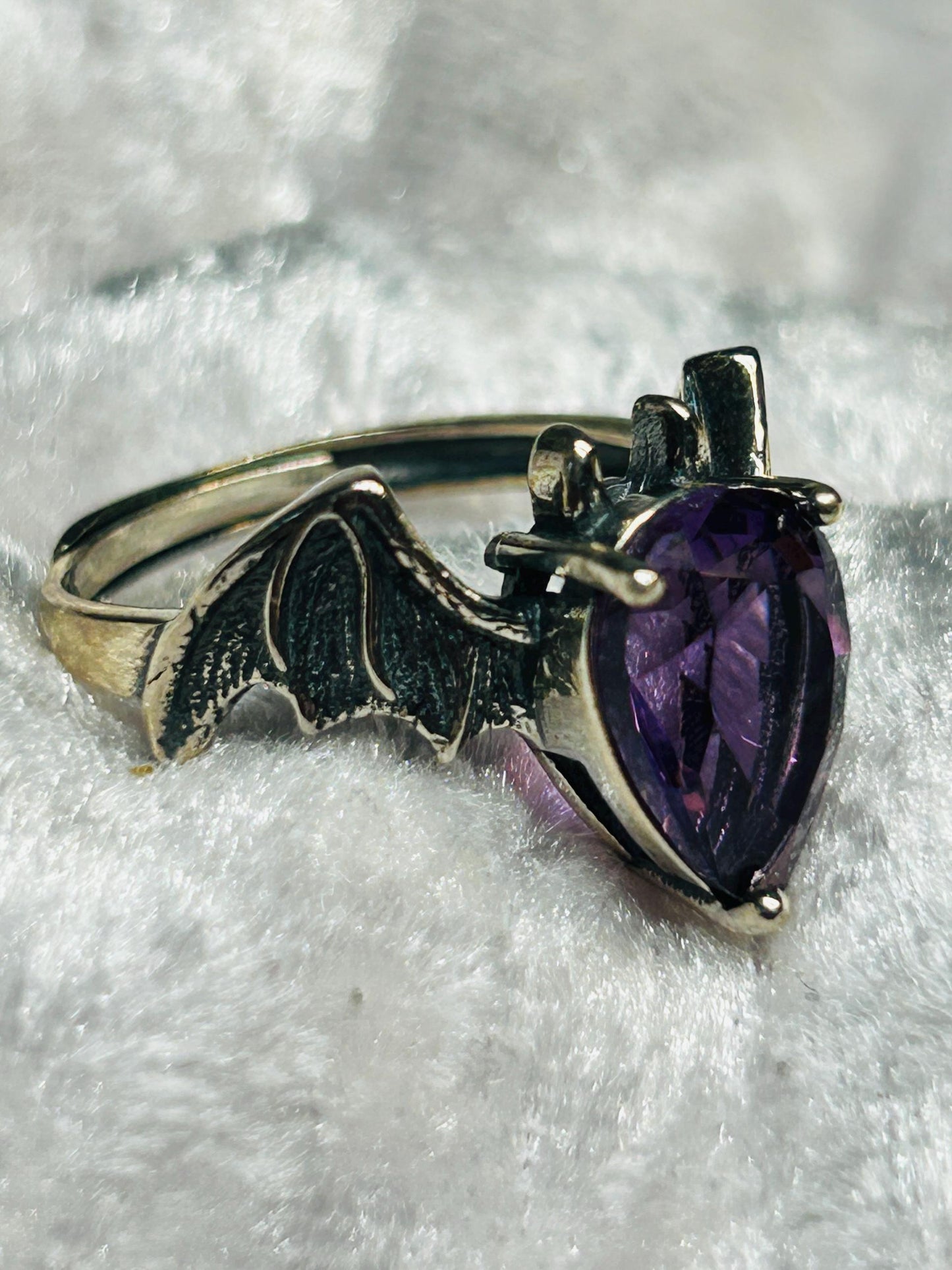Bat Ring with Amethyst in 925 Sterling Silver & Adjustable Band - Gothic Vampire Jewellery Celtic Dragon Jewellery