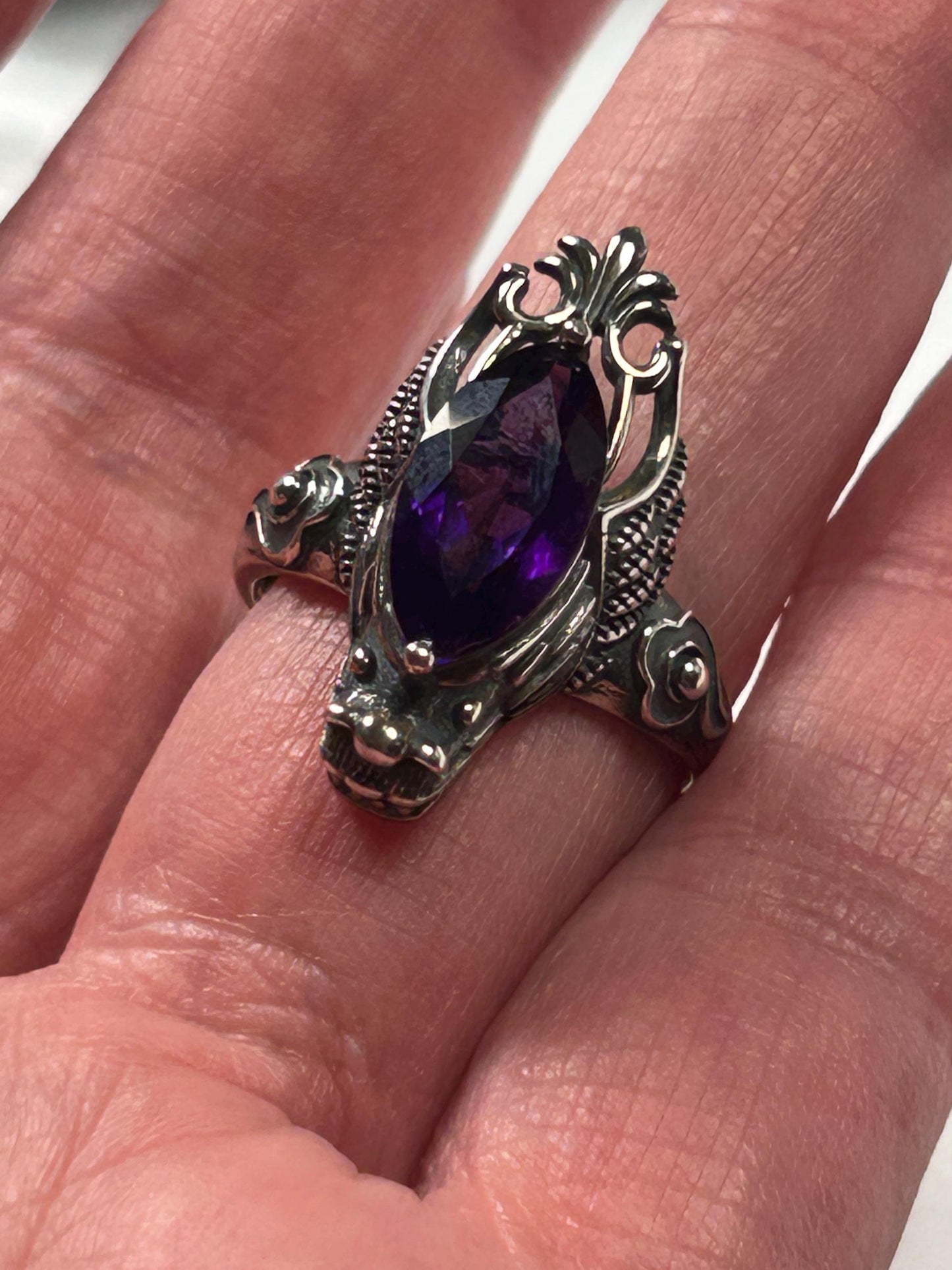 Dragon Ring with Marquise Amethyst in 925 Sterling Silver - Adjustable Gothic Jewellery Celtic Dragon Jewellery