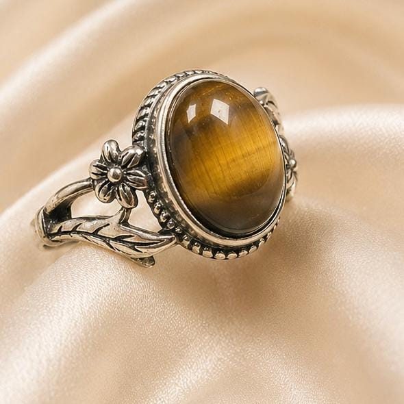 Tiger’s Eye Floral Ring in 925 Sterling Silver - Adjustable Forest Goth Nature Jewellery Celtic Dragon Jewellery