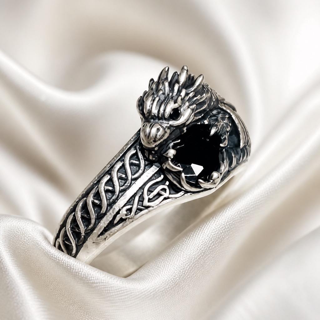 Celtic Dragon Ring with Black CZ, in 925 Sterling Silver - Limited Edition Goth Jewellery Celtic Dragon Jewellery