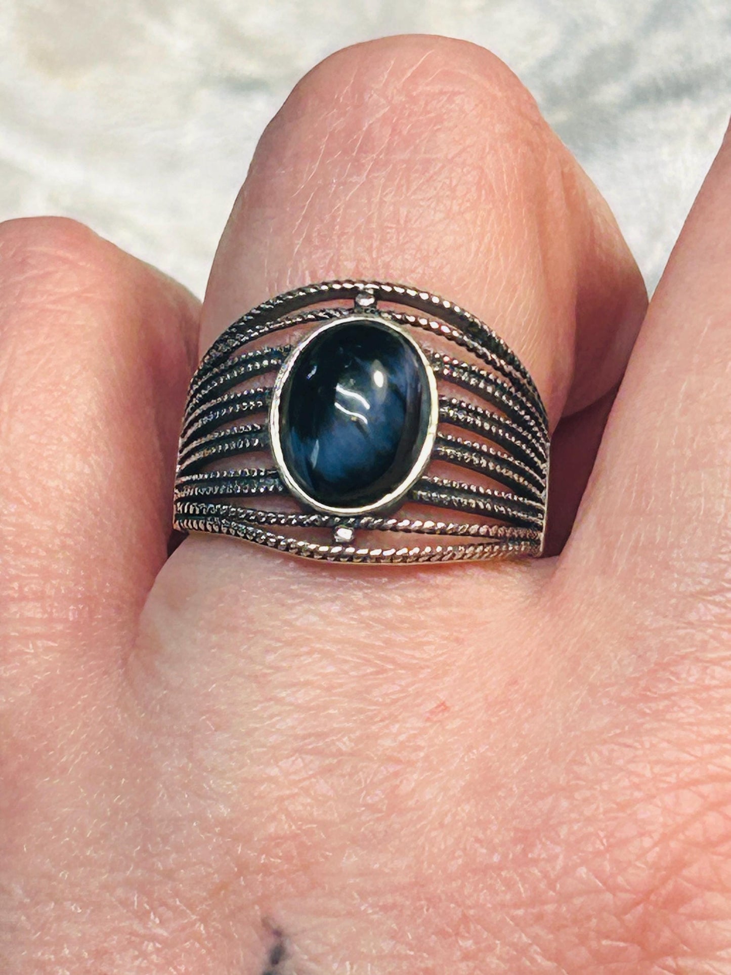 Blue Tigers Eye Ring in 925 Sterling Silver - Adjustable Boho Statement Ring Celtic Dragon Jewellery