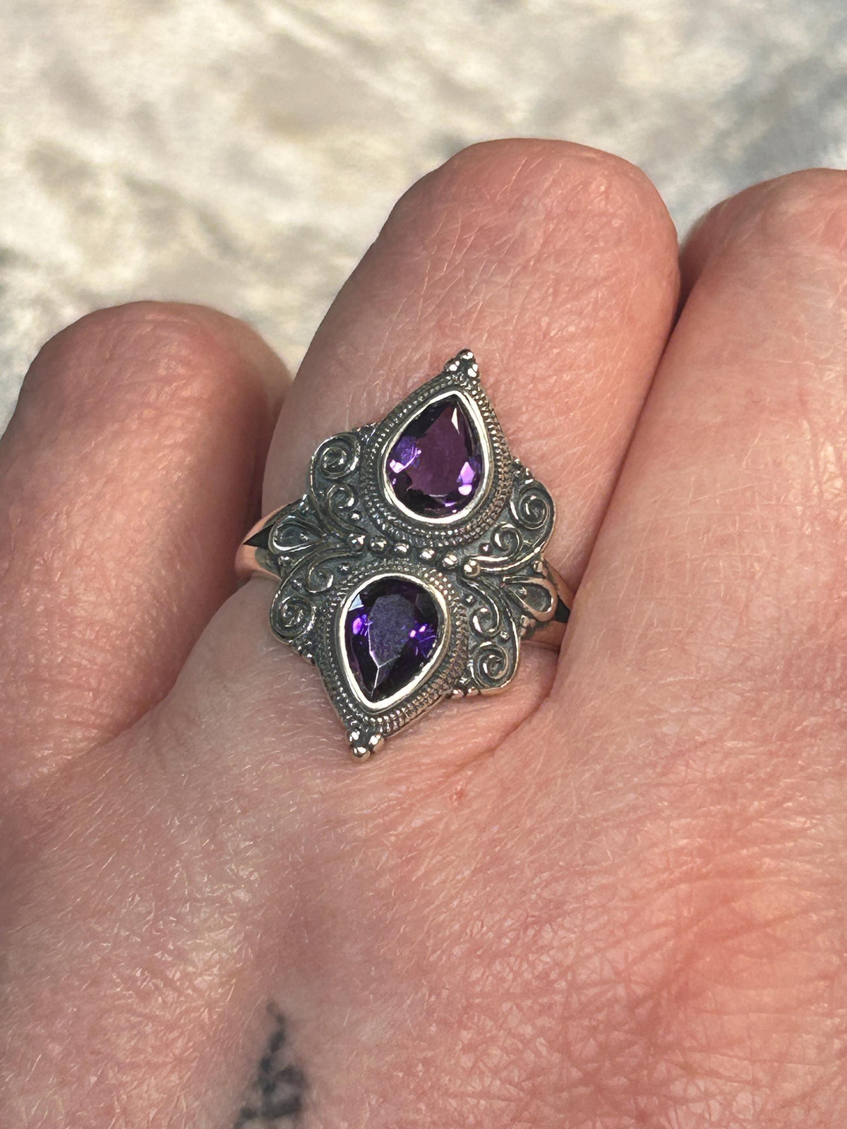 Double Amethyst Teardrop Ring in Ornate 925 Sterling Silver - Gothic Statement Ring Celtic Dragon Jewellery